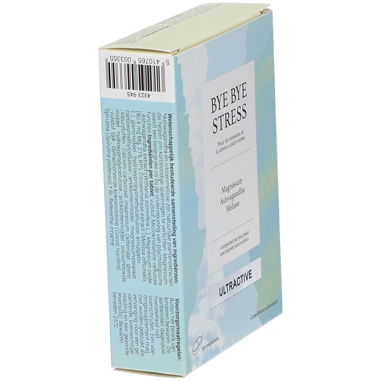 Schachtel "BYE BYE STRESS" mit Inhaltsangaben. Enthält Magnesium, Ashwagandha und Melisse. Marke ULTRACTIVE. 30 Tabletten.