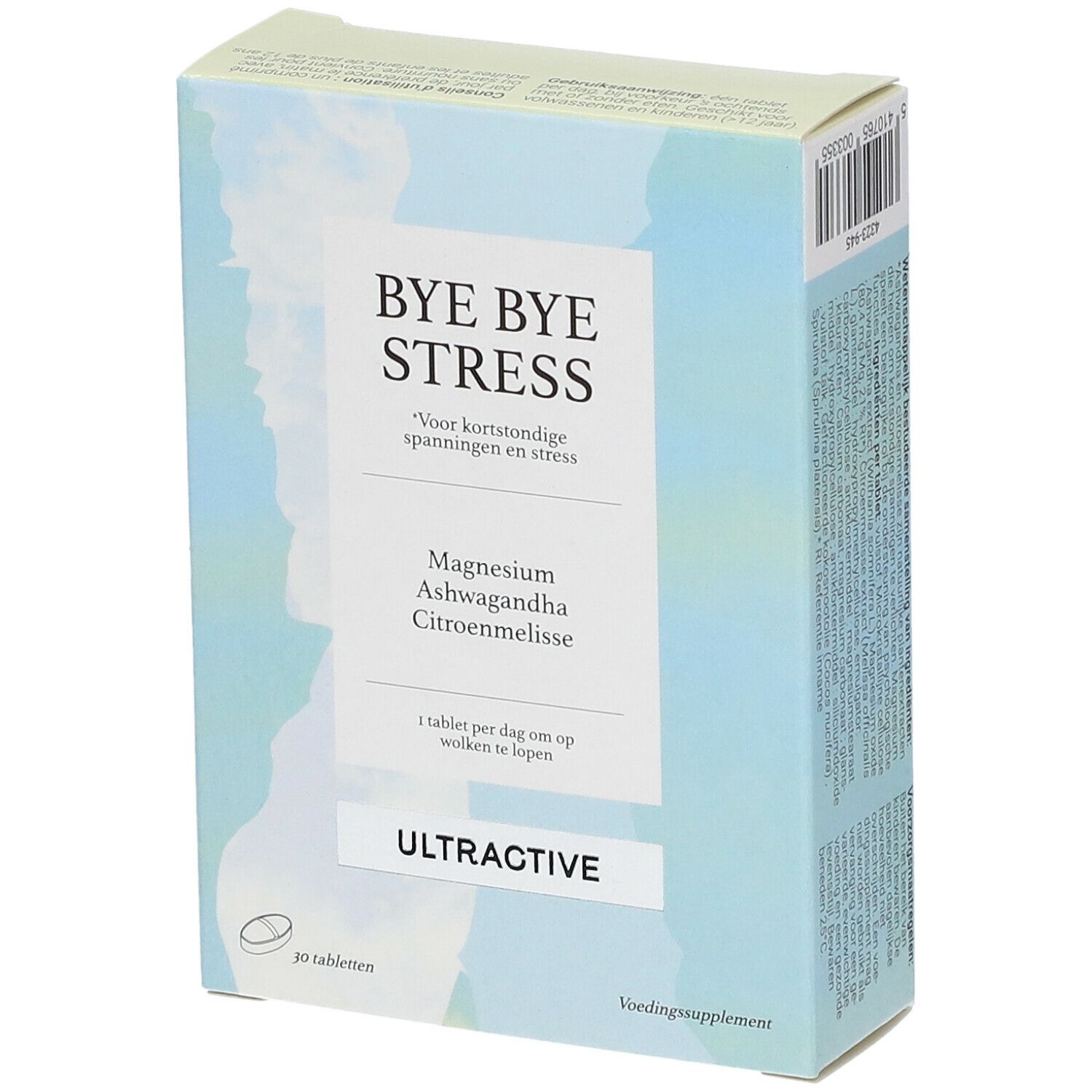 Schachtel "BYE BYE STRESS" mit Magnesium, Ashwagandha und Zitronenmelisse. Marke ULTRACTIVE. 30 Tabletten. Niederländische Aufschrift.