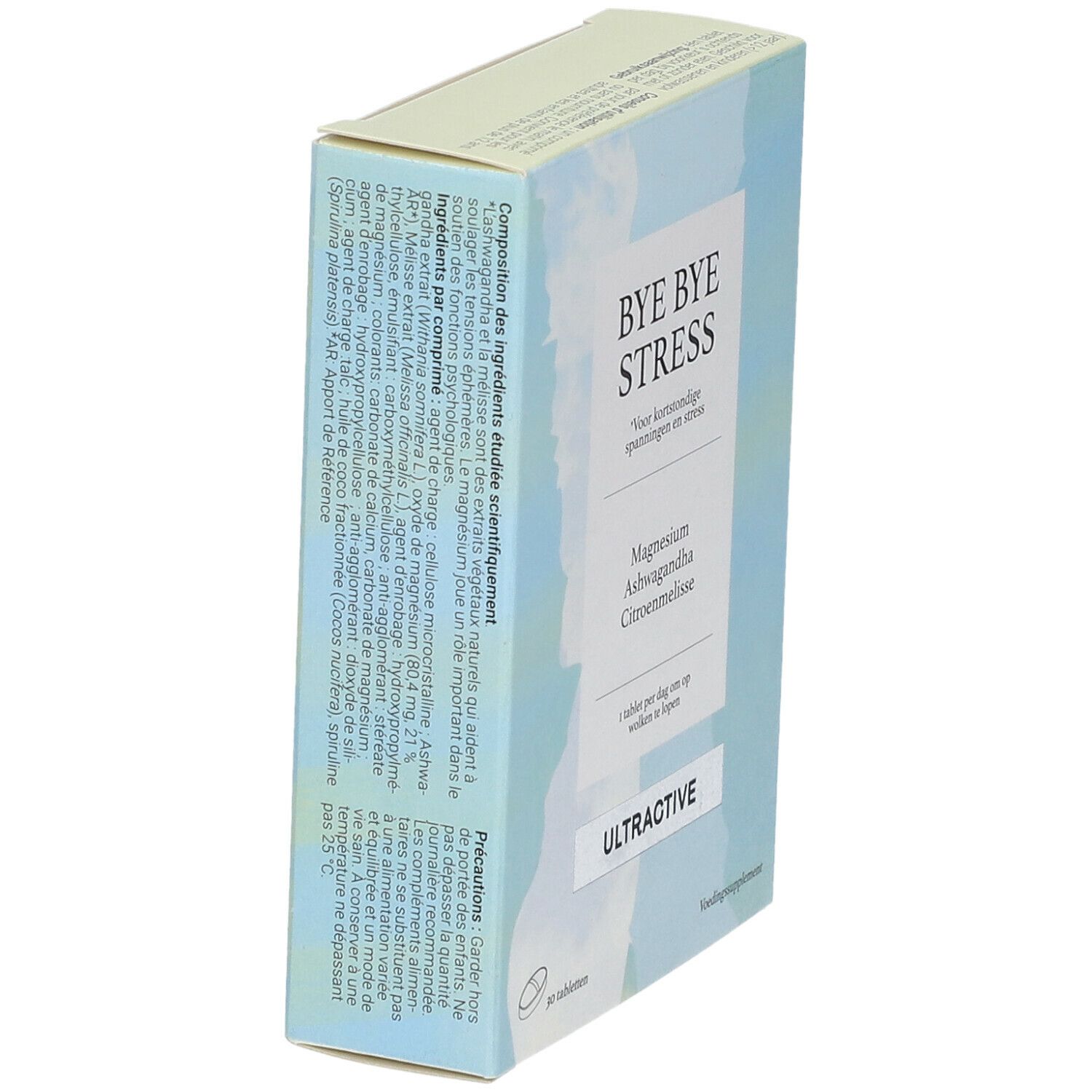 Schachtel "BYE BYE STRESS" mit Inhaltsangaben. Enthält Magnesium, Ashwagandha und Zitronenmelisse. Marke ULTRACTIVE. 30 Tabletten.