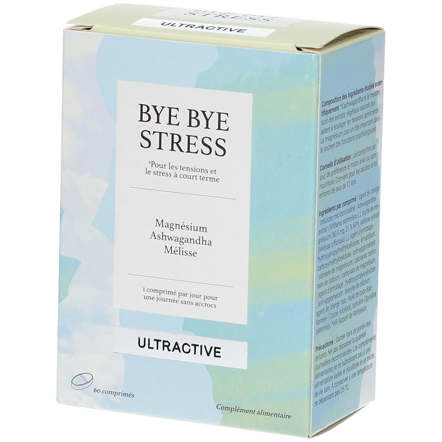 Schachtel ULTRACTIVE® Bye Bye Stress. Enthält 60 Tabletten. Mit Magnesium, Ashwagandha und Mélisse. 1 Tablette pro Tag.