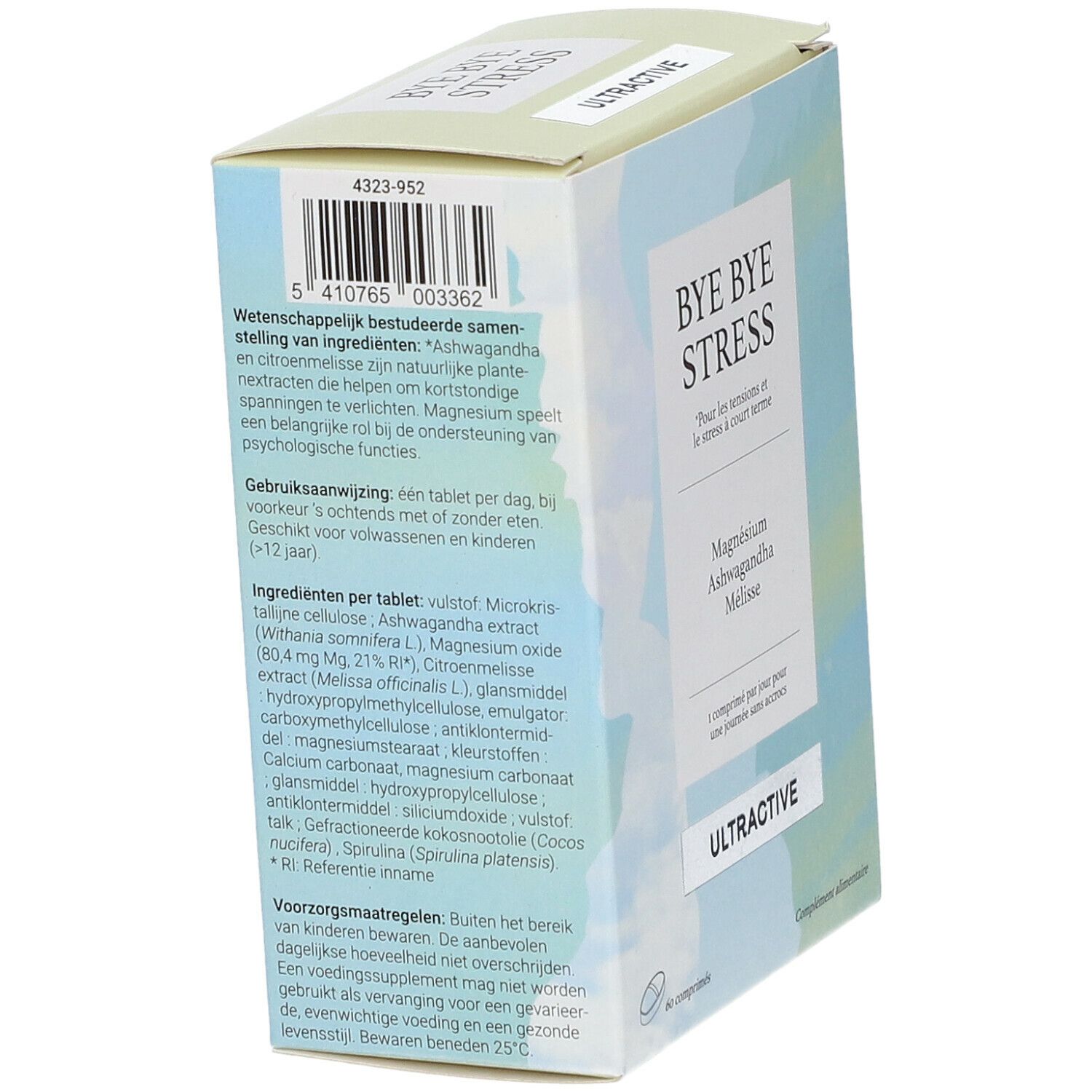 Rückseite der Schachtel ULTRACTIVE® Bye Bye Stress. Enthält Inhaltsstoffe, Gebrauchsanweisung und Vorsichtsmaßnahmen.