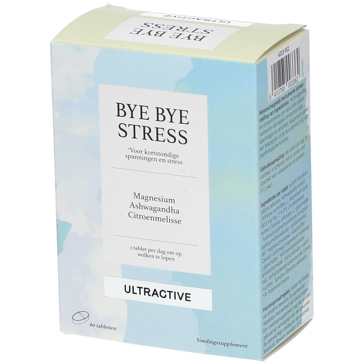 Schachtel ULTRACTIVE® Bye Bye Stress. Enthält 60 Tabletten. Mit Magnesium, Ashwagandha und Zitronenmelisse. 1 Tablette pro Tag.
