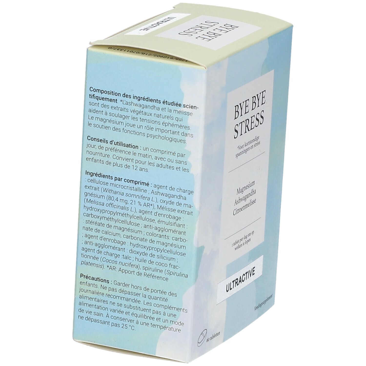 Schachtel ULTRACTIVE® Bye Bye Stress. Enthält Inhaltsstoffe, Gebrauchsanweisung und Vorsichtsmaßnahmen.