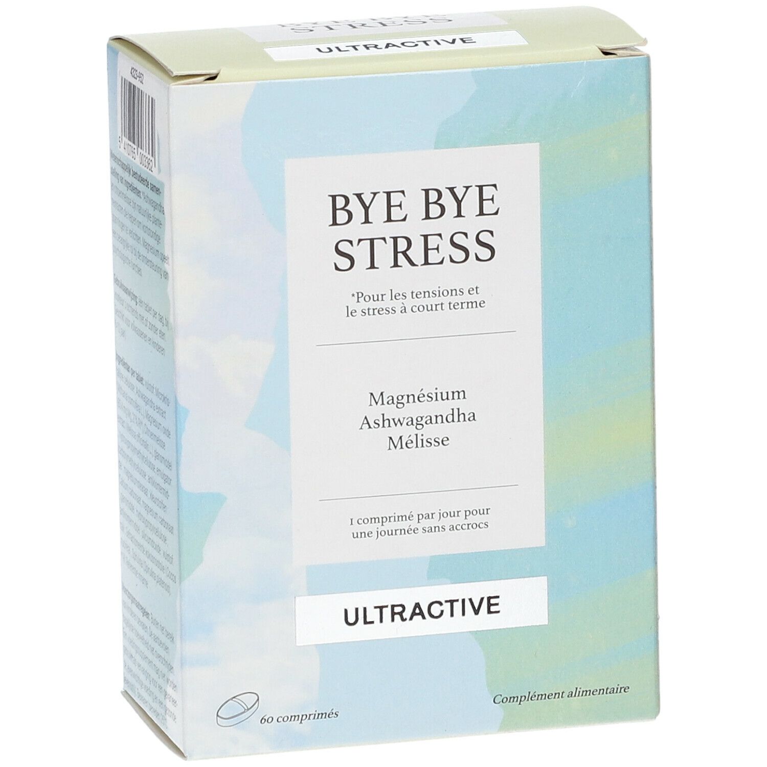 Schachtel ULTRACTIVE® Bye Bye Stress. Enthält 60 Tabletten. Mit Magnesium, Ashwagandha und Mélisse. 1 Tablette pro Tag.