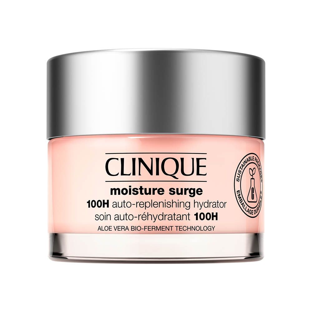 Clinique Moisture Surge 100H Auto-Replenishing Hydrator in einem rosa Tiegel mit silbernem Deckel. Enthält Aloe Vera Bio-Ferment Technologie.