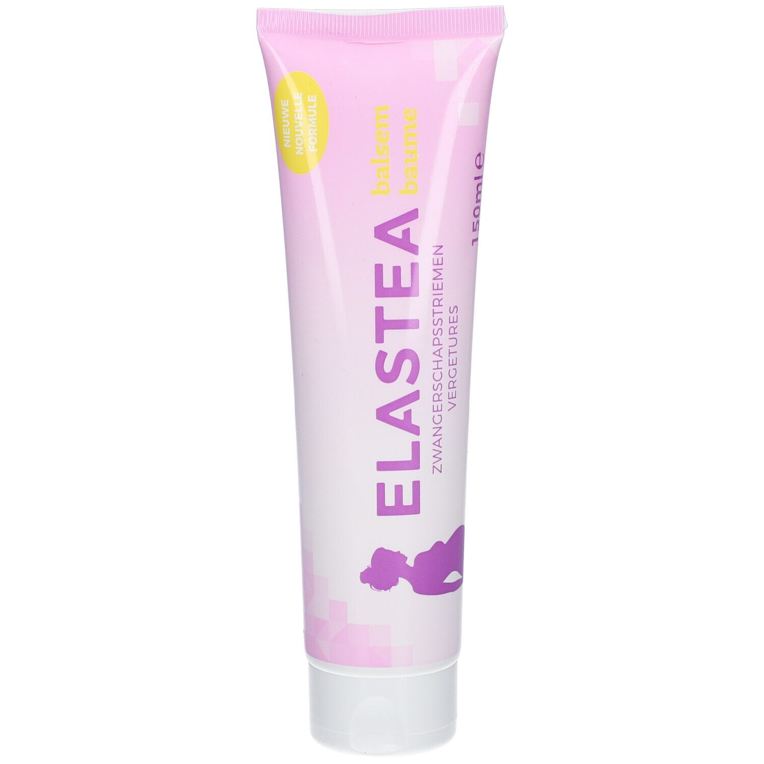 Tube rose avec bouchon blanc. Inscription ELASTEA, vergetures. Étiquette jaune.