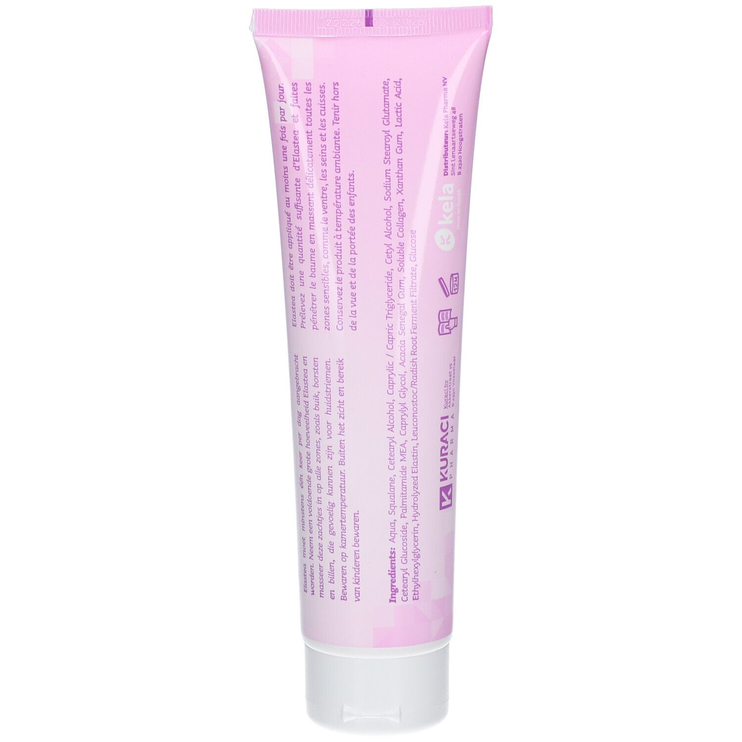 Dos du tube rose. Texte en plusieurs langues. Ingrédients et informations fabricant.