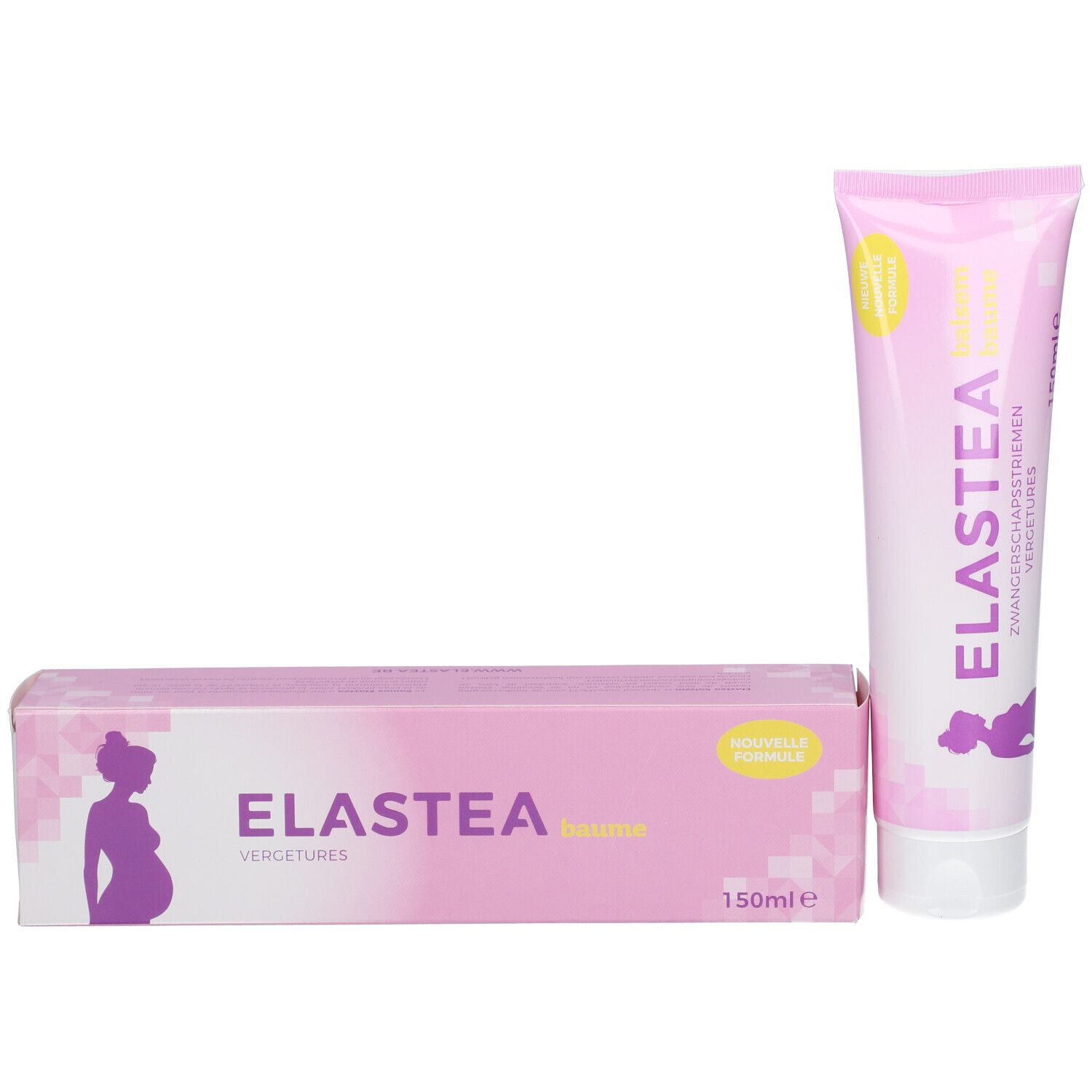 Tube et boîte roses. Inscription ELASTEA, vergetures. Étiquette jaune. 150ml.