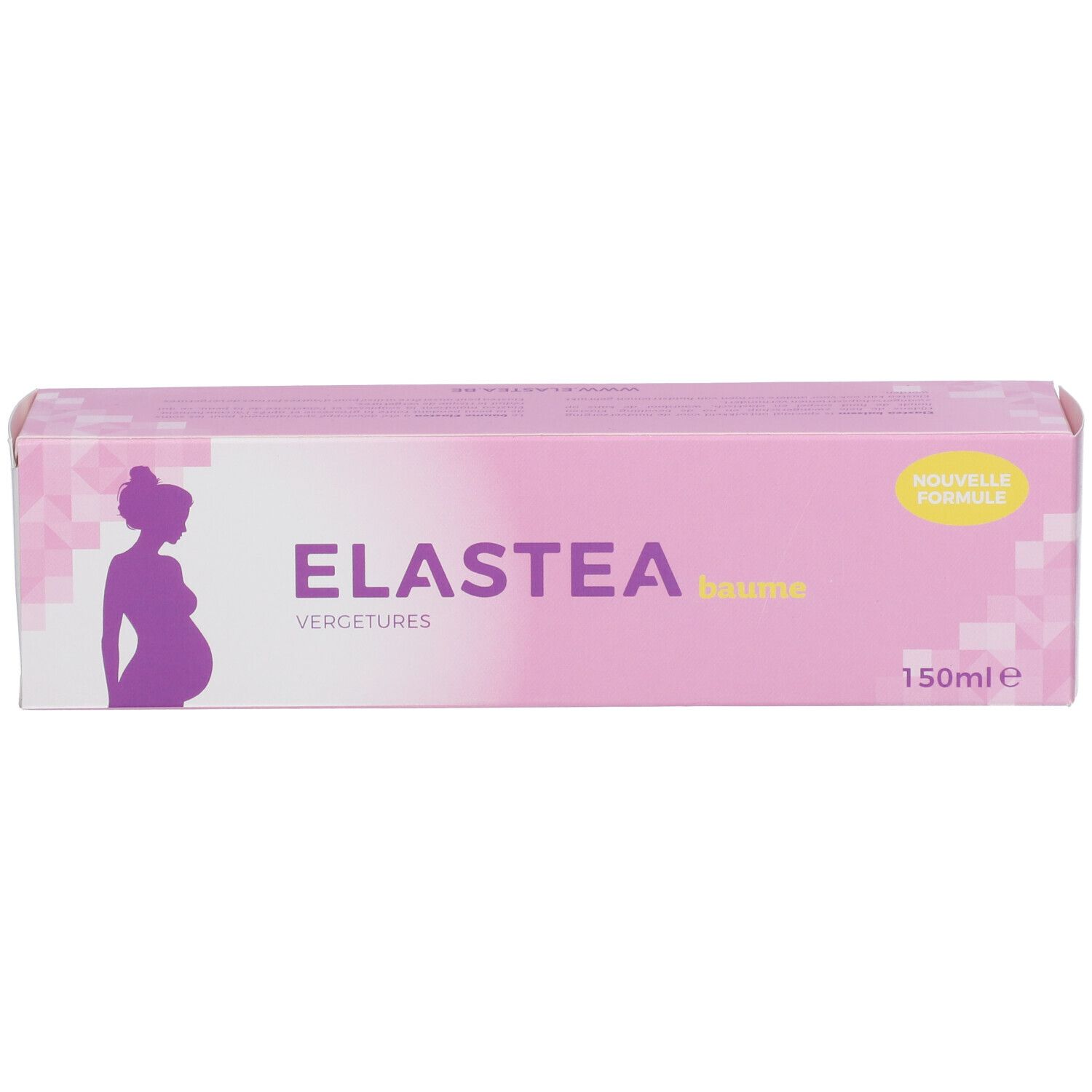 Boîte rose avec inscription ELASTEA, vergetures. Étiquette jaune. 150ml.