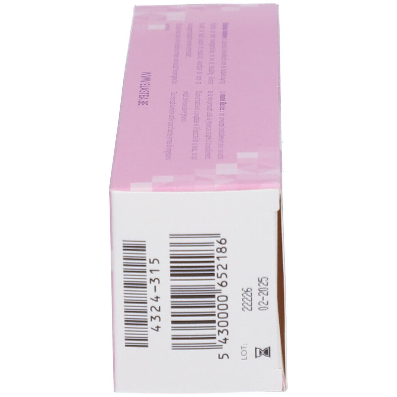 Côté de la boîte avec code-barres, numéro de lot et date de péremption. Rose et blanc.