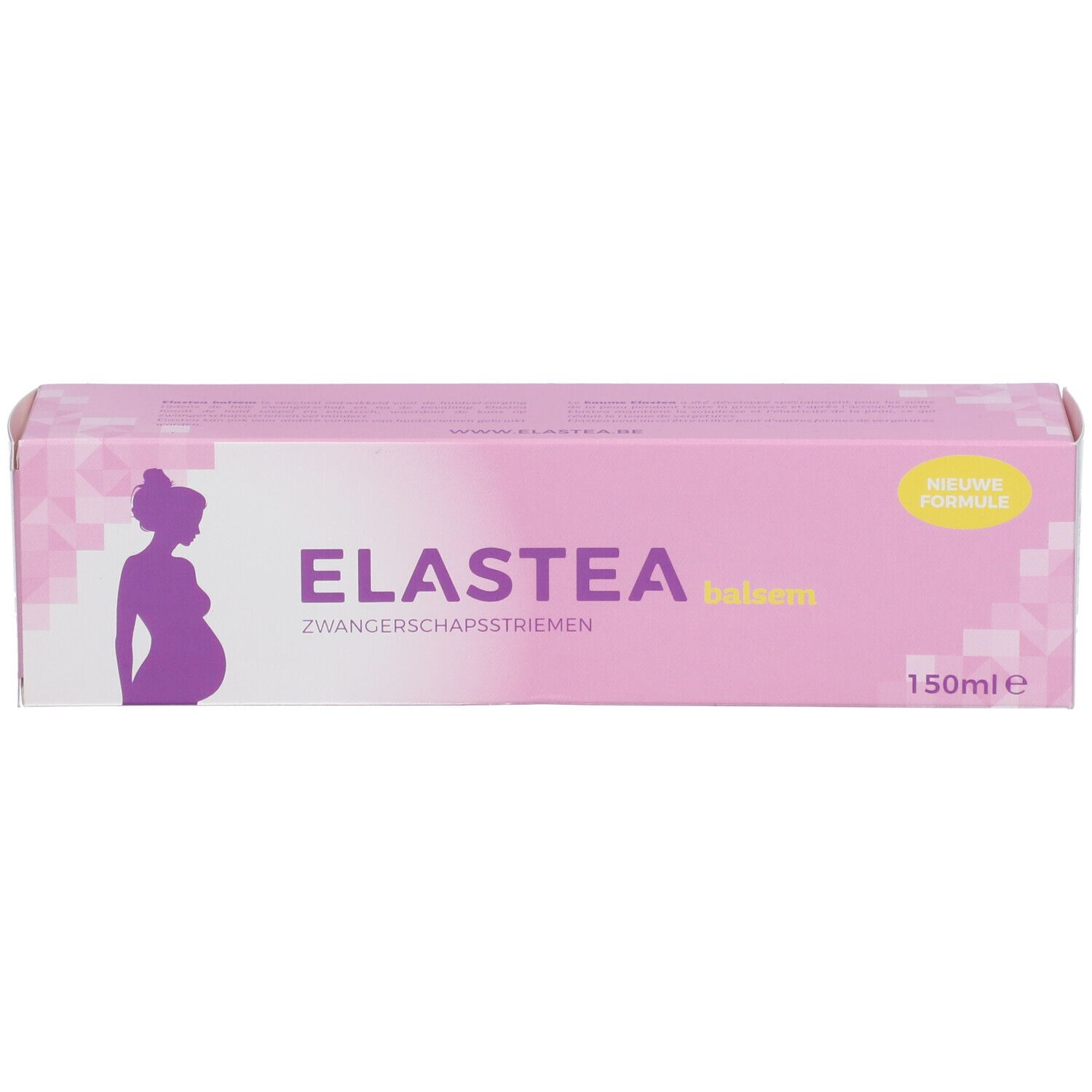 Boîte rose avec inscription ELASTEA, vergetures. Étiquette jaune. 150ml.