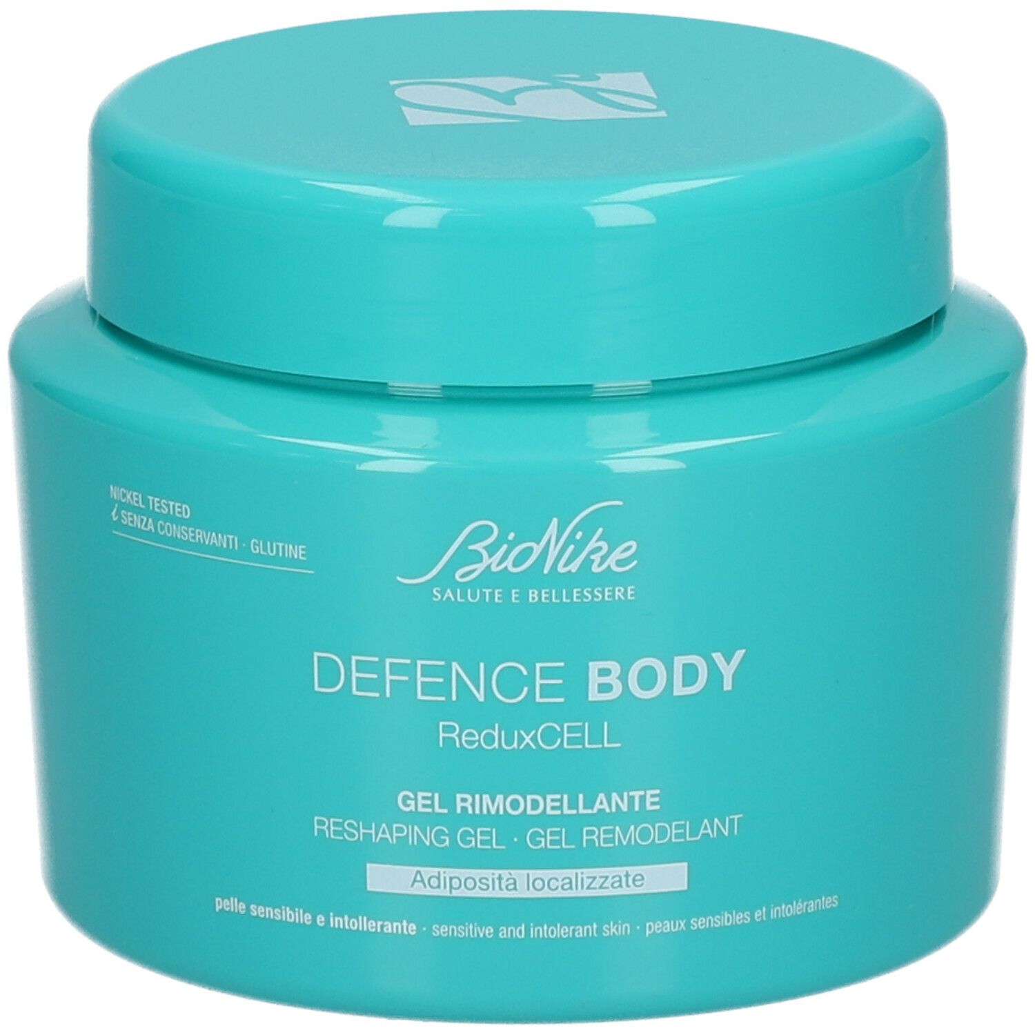 Türkisfarbenes Tiegel mit Deckel. Aufschrift: BioNike DEFENCE BODY ReduxCELL. Gel Remodeller.