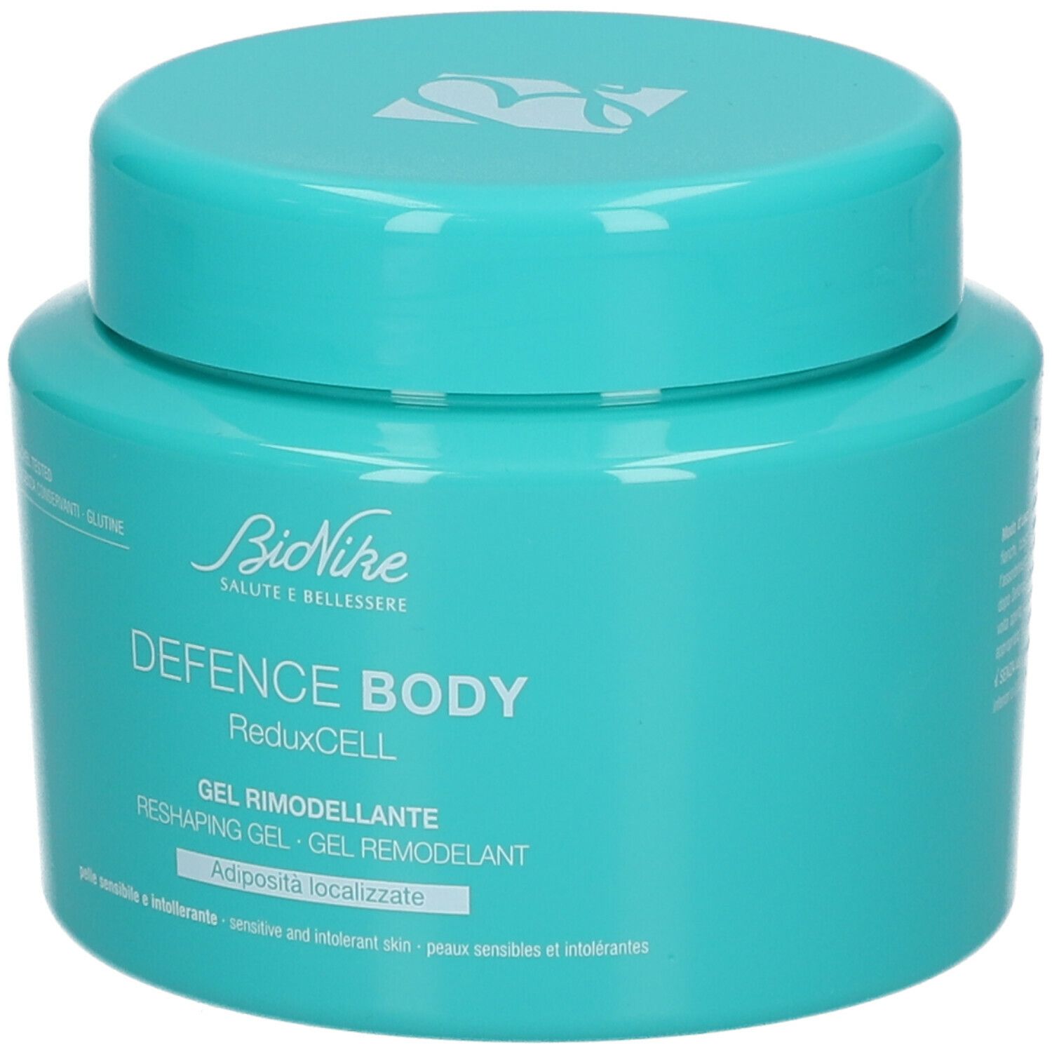 Türkisfarbenes Tiegel mit Deckel. Aufschrift: BioNike DEFENCE BODY ReduxCELL. Gel Remodeller.