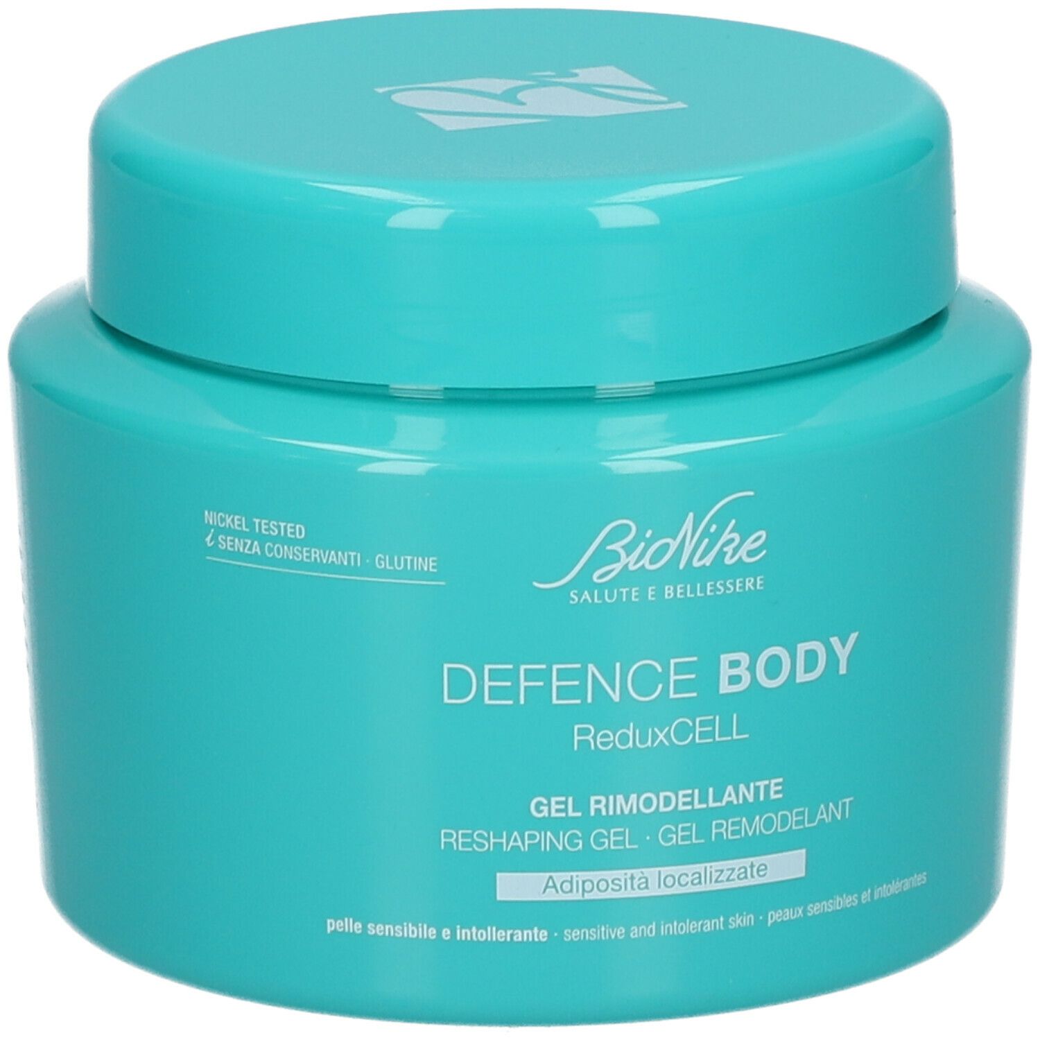 Türkisfarbenes Tiegel mit Deckel. Aufschrift: BioNike DEFENCE BODY ReduxCELL. Gel Remodeller.