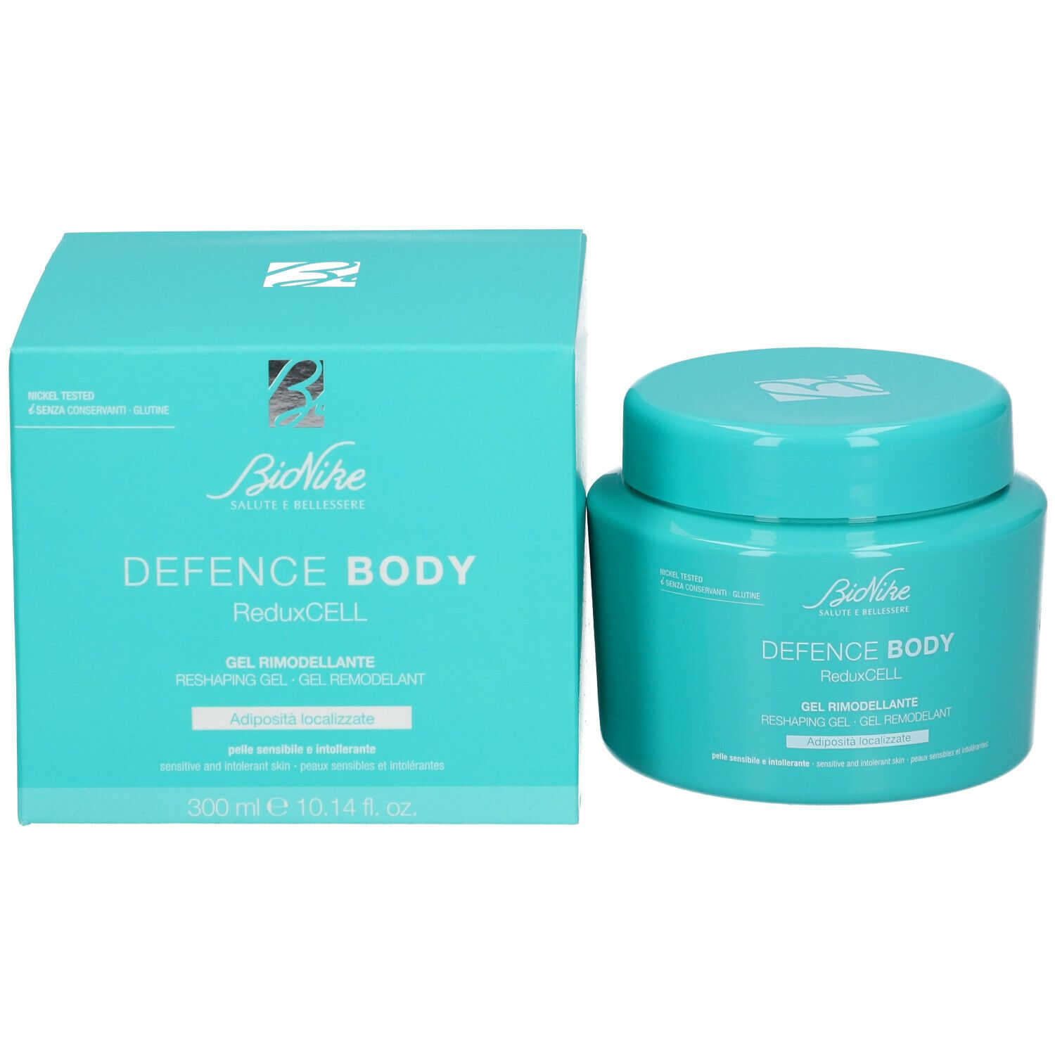 Türkisfarbenes Tiegel und Schachtel. Aufschrift: BioNike DEFENCE BODY ReduxCELL. Gel Remodeller. 300ml, 10.14 fl. oz.