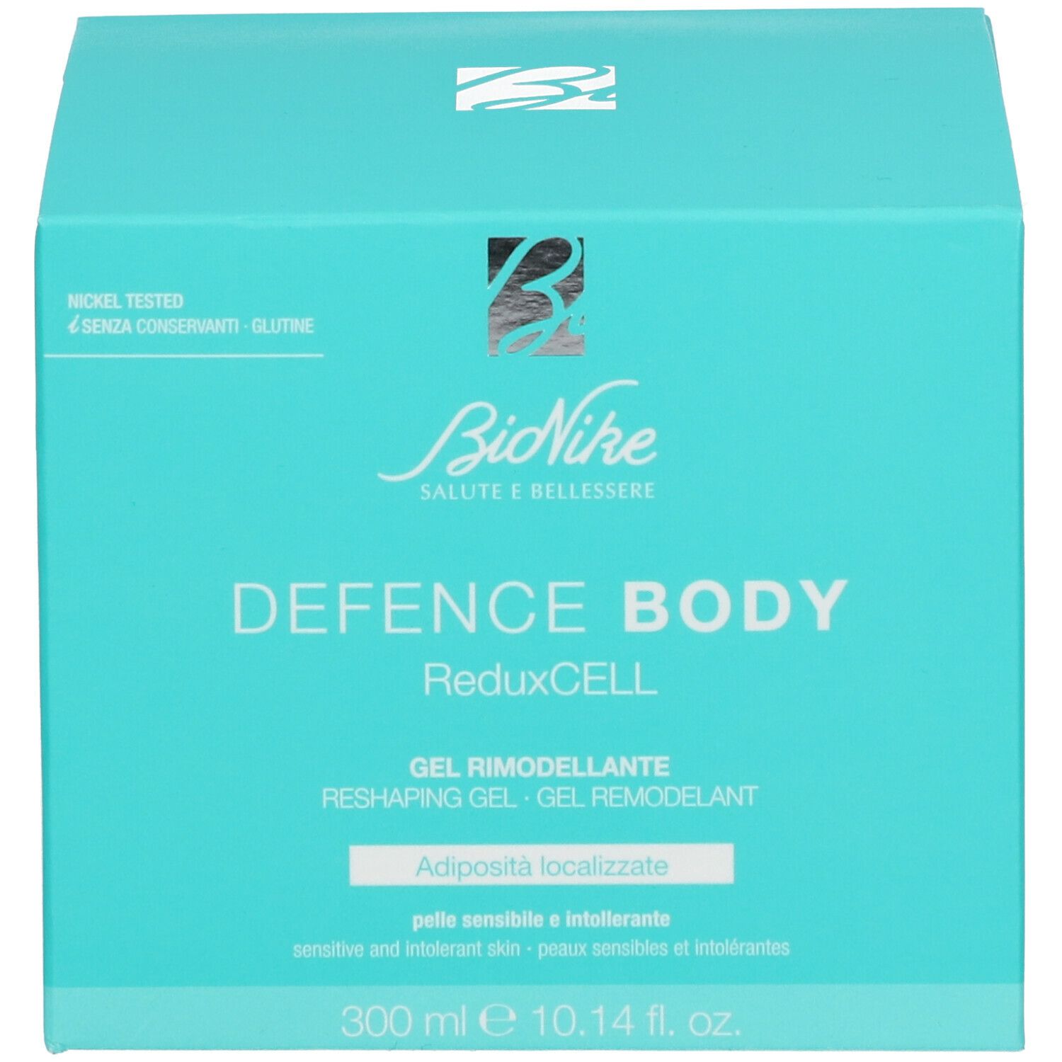 Türkisfarbene Schachtel. Aufschrift: BioNike DEFENCE BODY ReduxCELL. Gel Remodeller. 300ml, 10.14 fl. oz.
