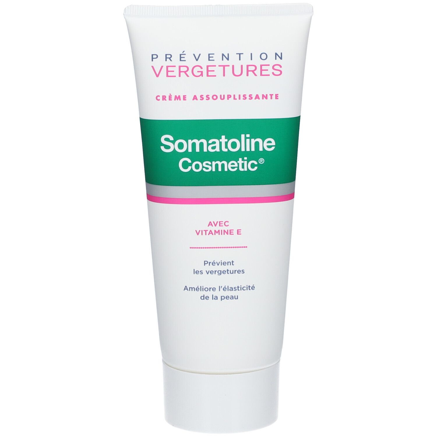 Weiße Tube mit grünem Streifen. Aufschrift: Somatoline Cosmetic, Prévention Vergetures, Crème Assouplissante. Mit Vitamin E.