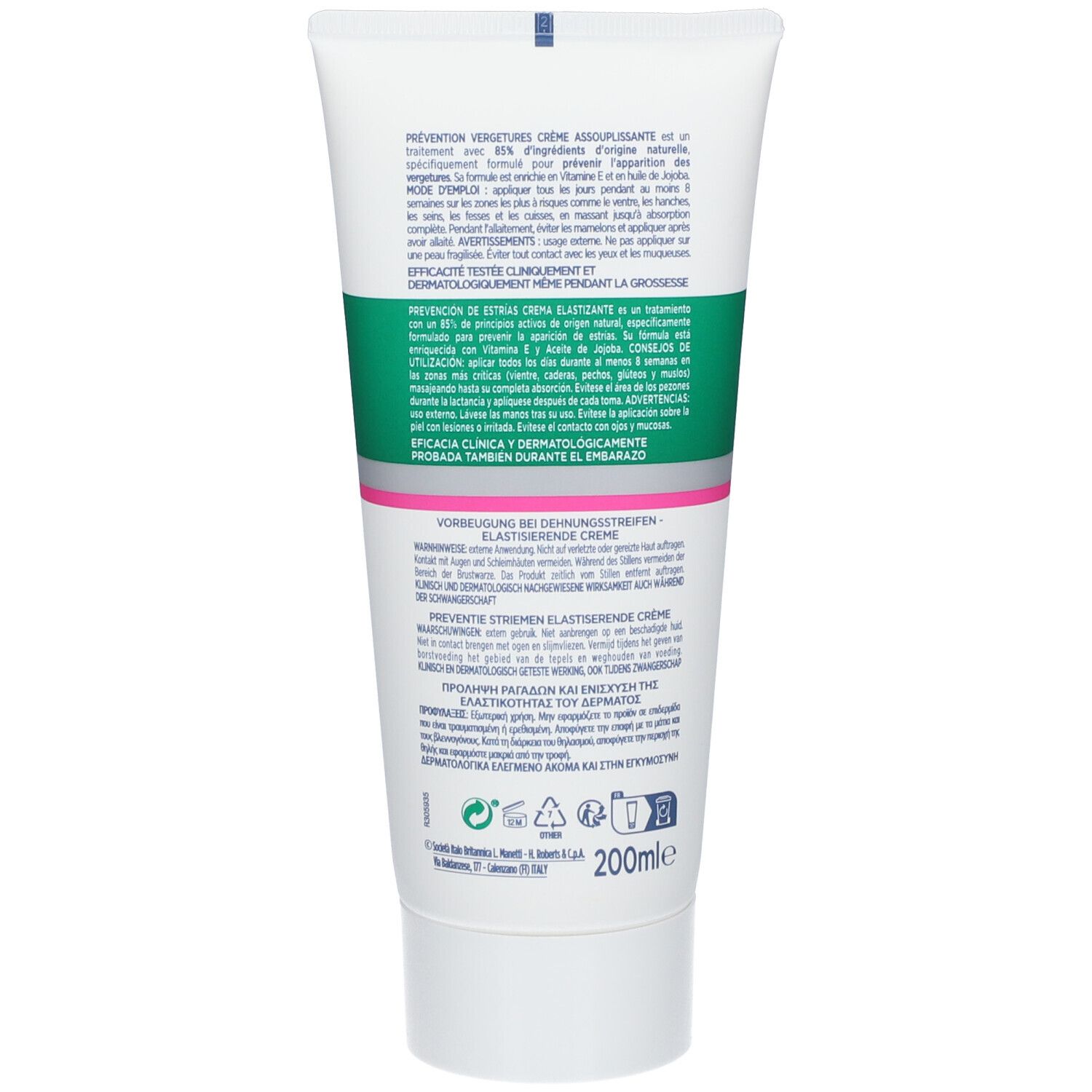 Rückseite der Tube. Text in mehreren Sprachen. 200ml. Dermatologisch getestet. Vorbeugung von Dehnungsstreifen.
