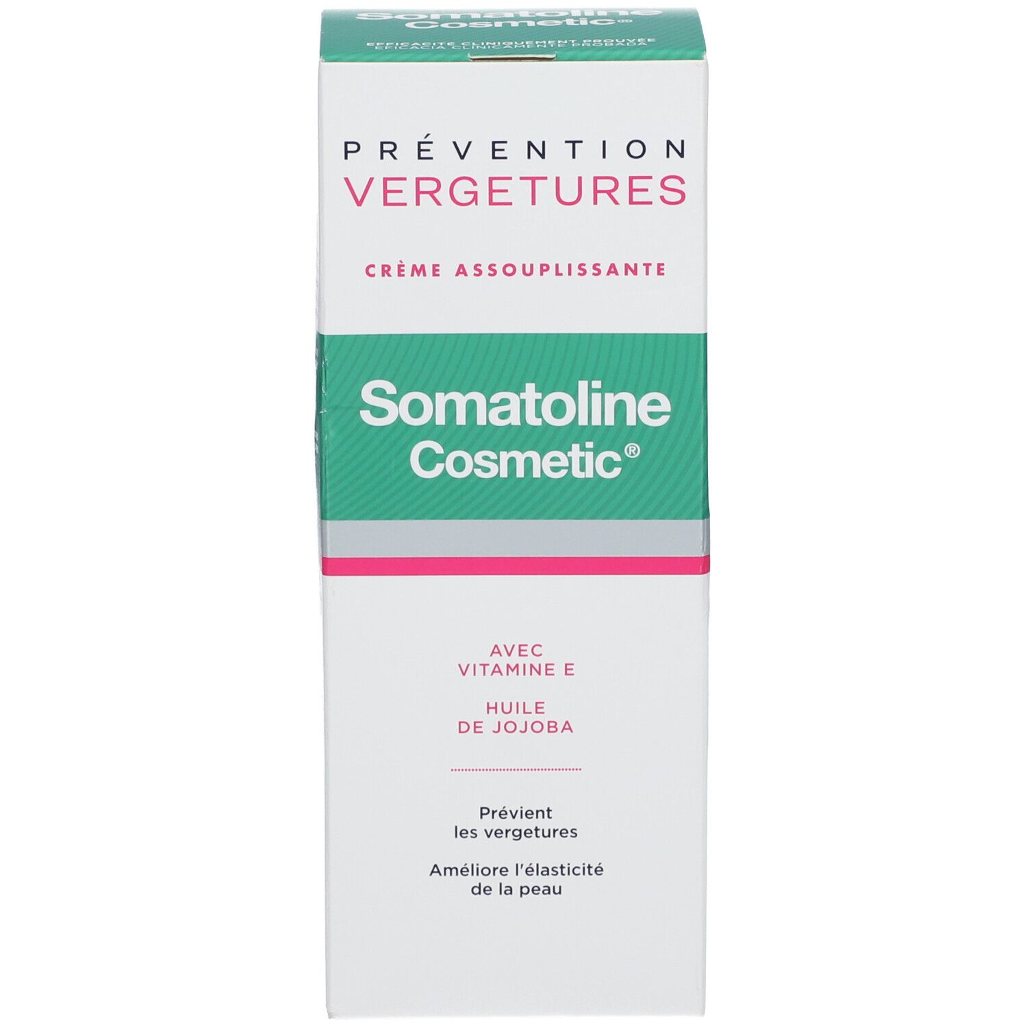 Produktverpackung. Weiß mit grünem Streifen. Aufschrift: Somatoline Cosmetic, Prévention Vergetures, Crème Assouplissante. Mit Jojobaöl.