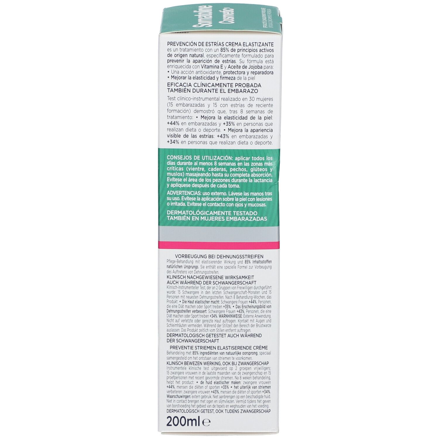 Rückseite der Produktverpackung. Text in mehreren Sprachen. 200ml. Dermatologisch getestet. Vorbeugung von Dehnungsstreifen.