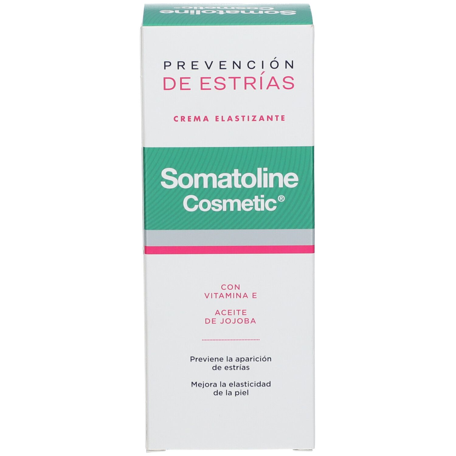 Produktverpackung. Weiß mit grünem Streifen. Aufschrift: Somatoline Cosmetic, Prévention de Estrias, Crème Elastizante. Mit Jojobaöl.