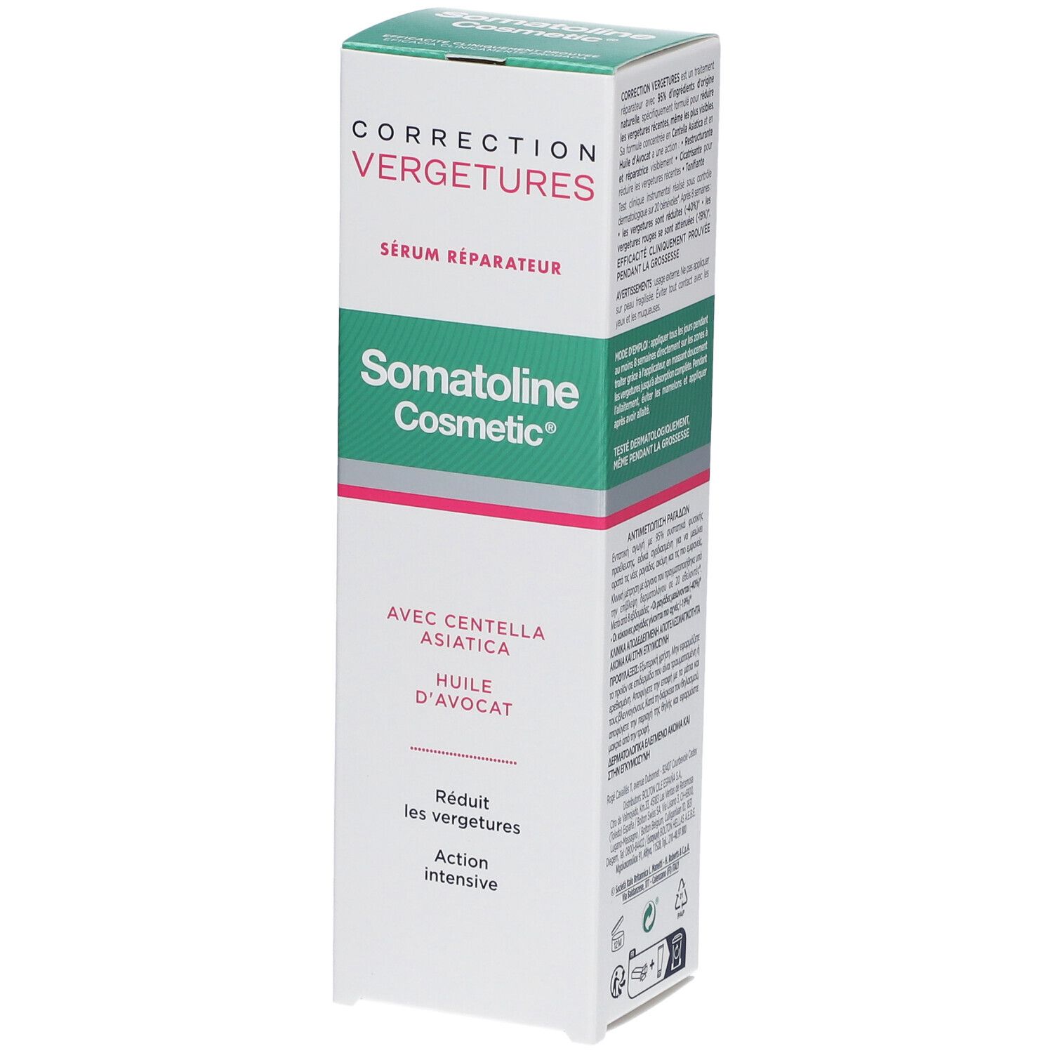 Kartonverpackung mit Produktinformationen. Aufschrift: Correction Vergetures, Somatoline Cosmetic, Serum Réparateur.