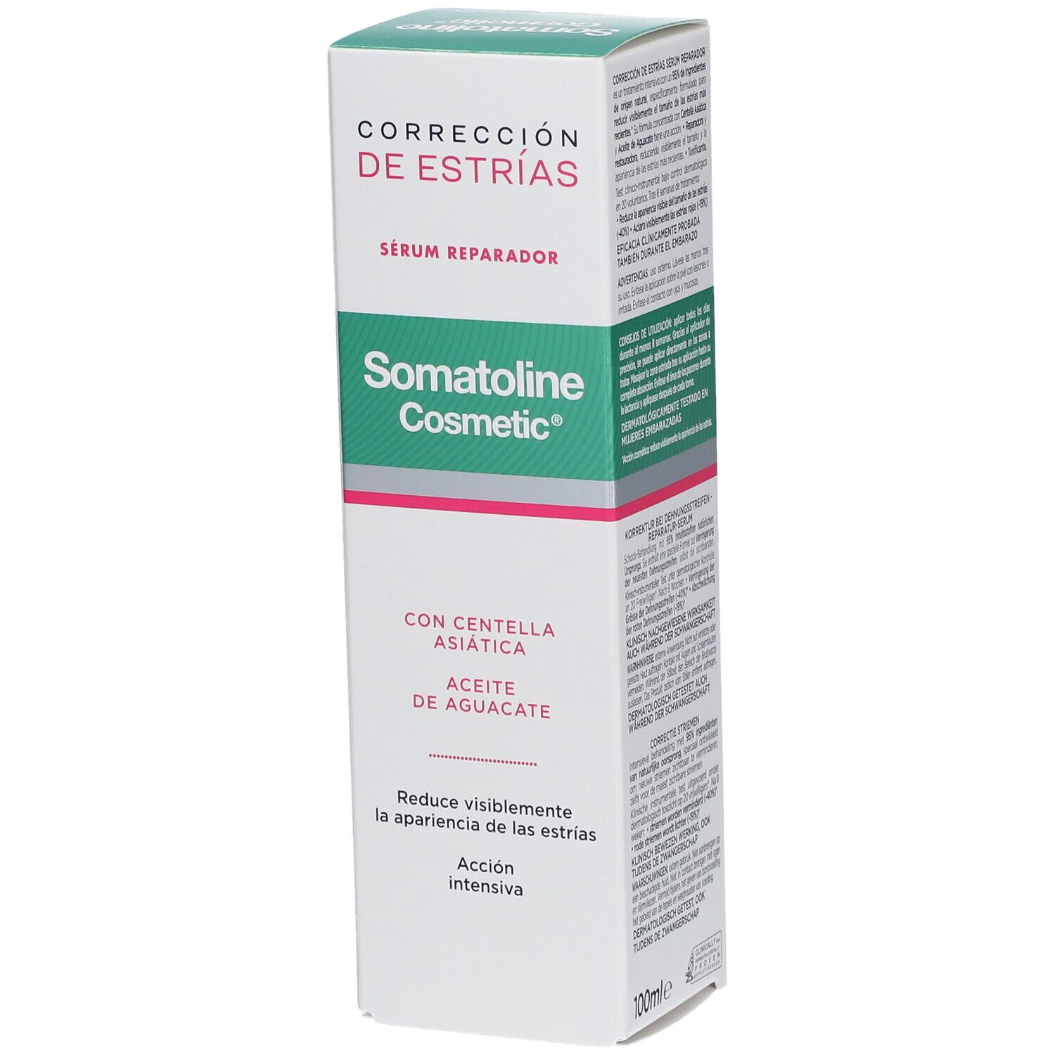 Produktverpackung mit Text. Aufschrift: Correction de Estrías, Somatoline Cosmetic, Serum Reparador. Mit Centella Asiatica und Avocadoöl.