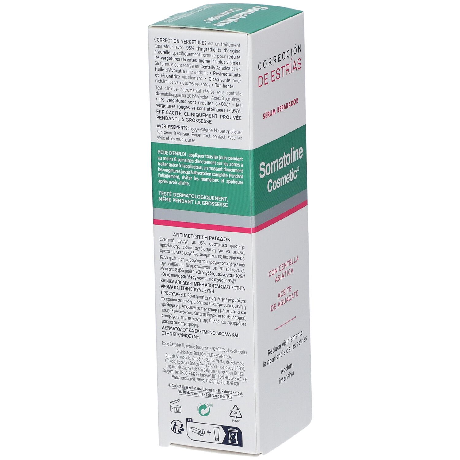 Produktverpackung mit Text. Aufschrift: Correction de Estrías, Somatoline Cosmetic, Serum Reparador. Mit Centella Asiatica und Avocadoöl.