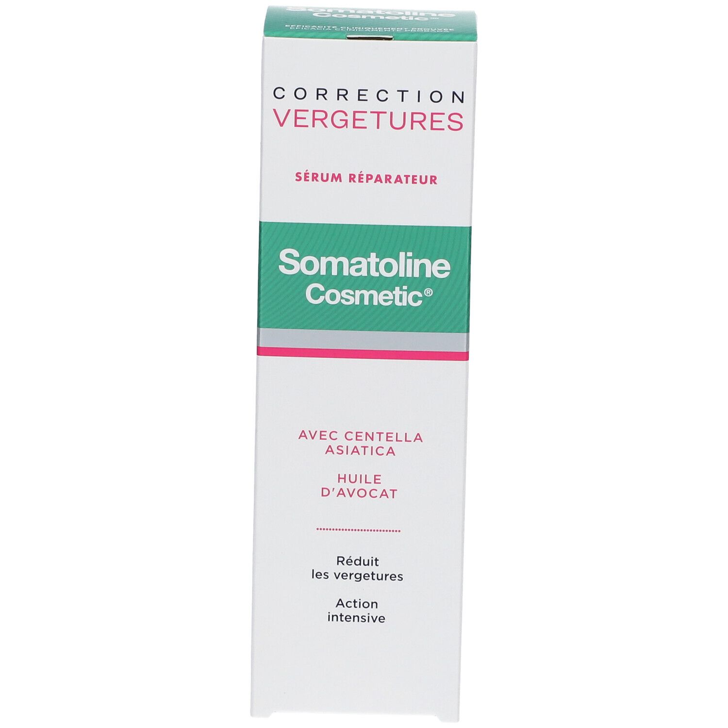 Produktverpackung mit Text. Aufschrift: Correction Vergetures, Somatoline Cosmetic, Serum Réparateur. Mit Centella Asiatica und Avocadoöl.