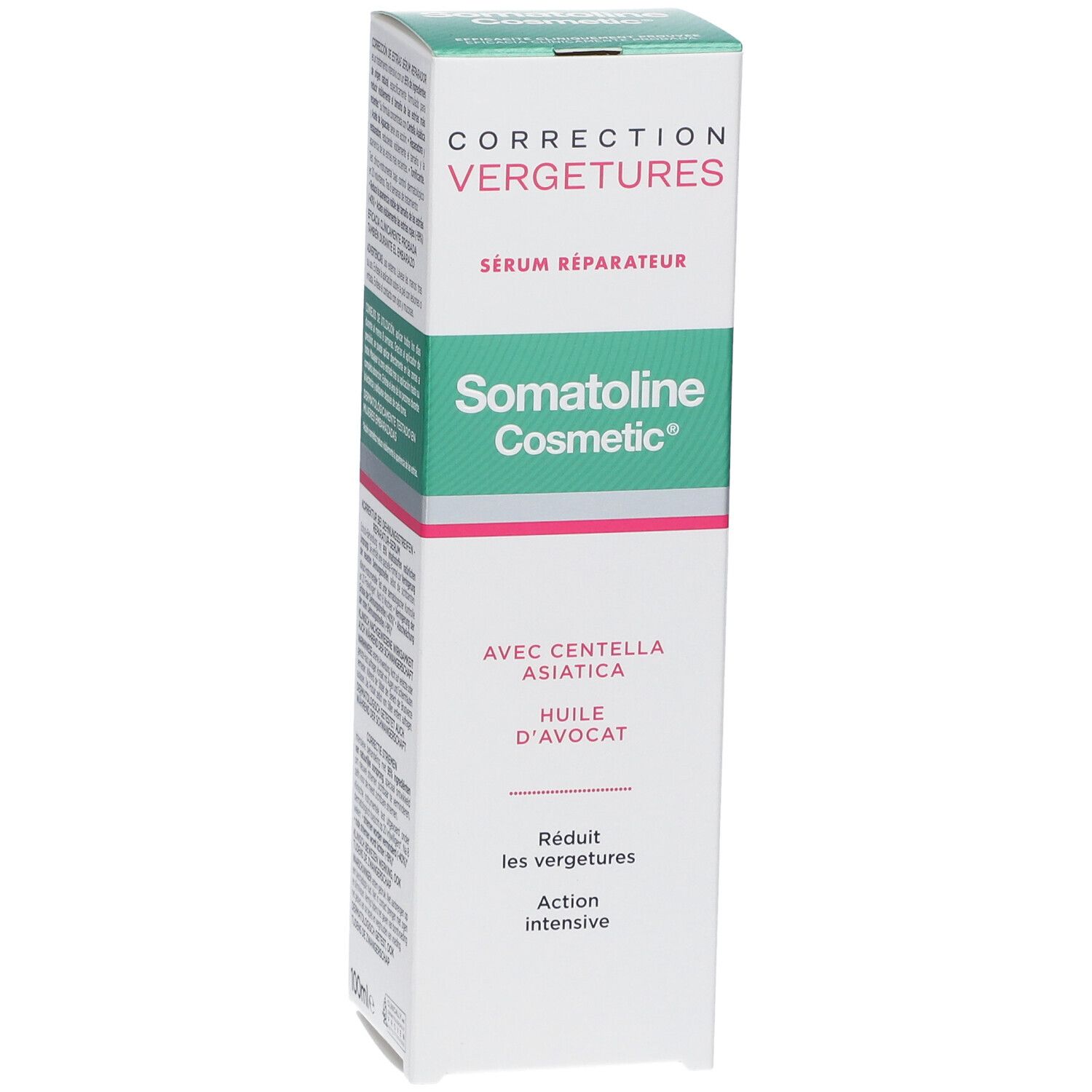Produktverpackung mit Text. Aufschrift: Correction Vergetures, Somatoline Cosmetic, Serum Réparateur. Mit Centella Asiatica und Avocadoöl.