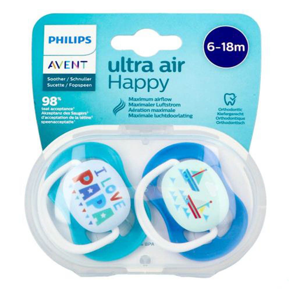 Deux sucettes bleues dans un étui transparent. Inscription: I LOVE PAPA. Marque: PHILIPS AVENT. Recommandé pour les 6-18 mois.