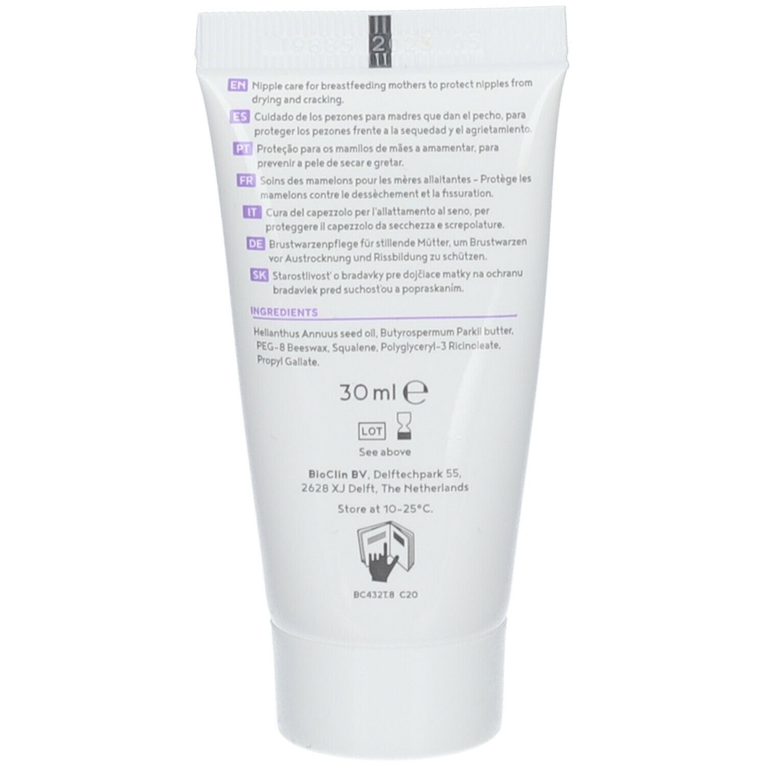 Creme-Tube mit Texten in mehreren Sprachen. Enthält 30 ml. Inhaltsstoffe sind aufgeführt.