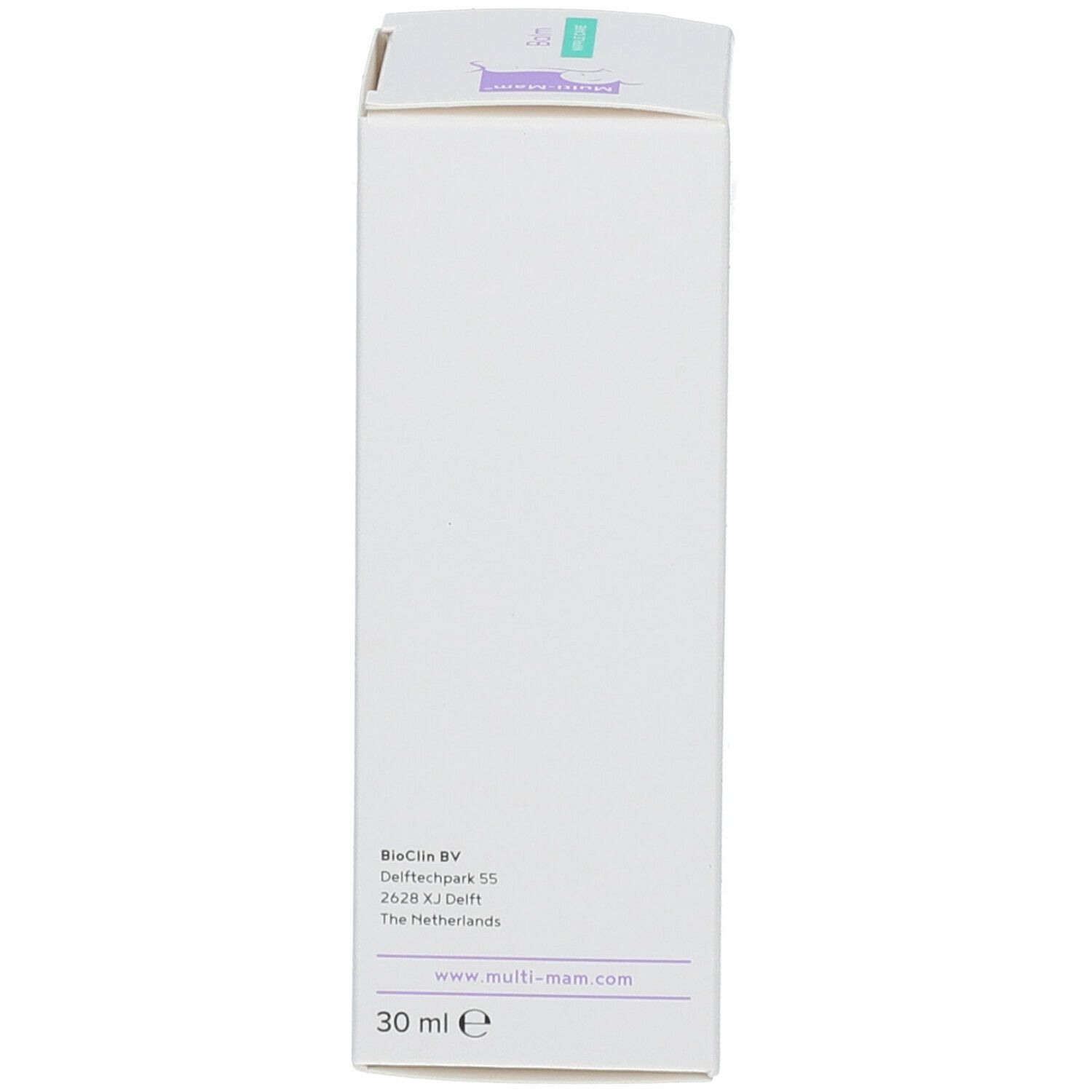 Rückseite der Multi-Mam® Balm Schachtel. Enthält Kontaktinformationen und Volumenangabe: 30 ml.