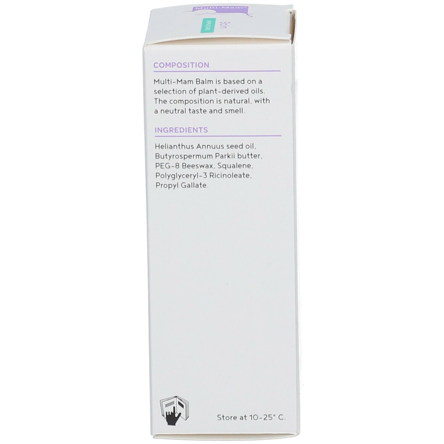 Rückseite der Multi-Mam® Balm Schachtel. Enthält Inhaltsstoffe und Lagerungshinweise.