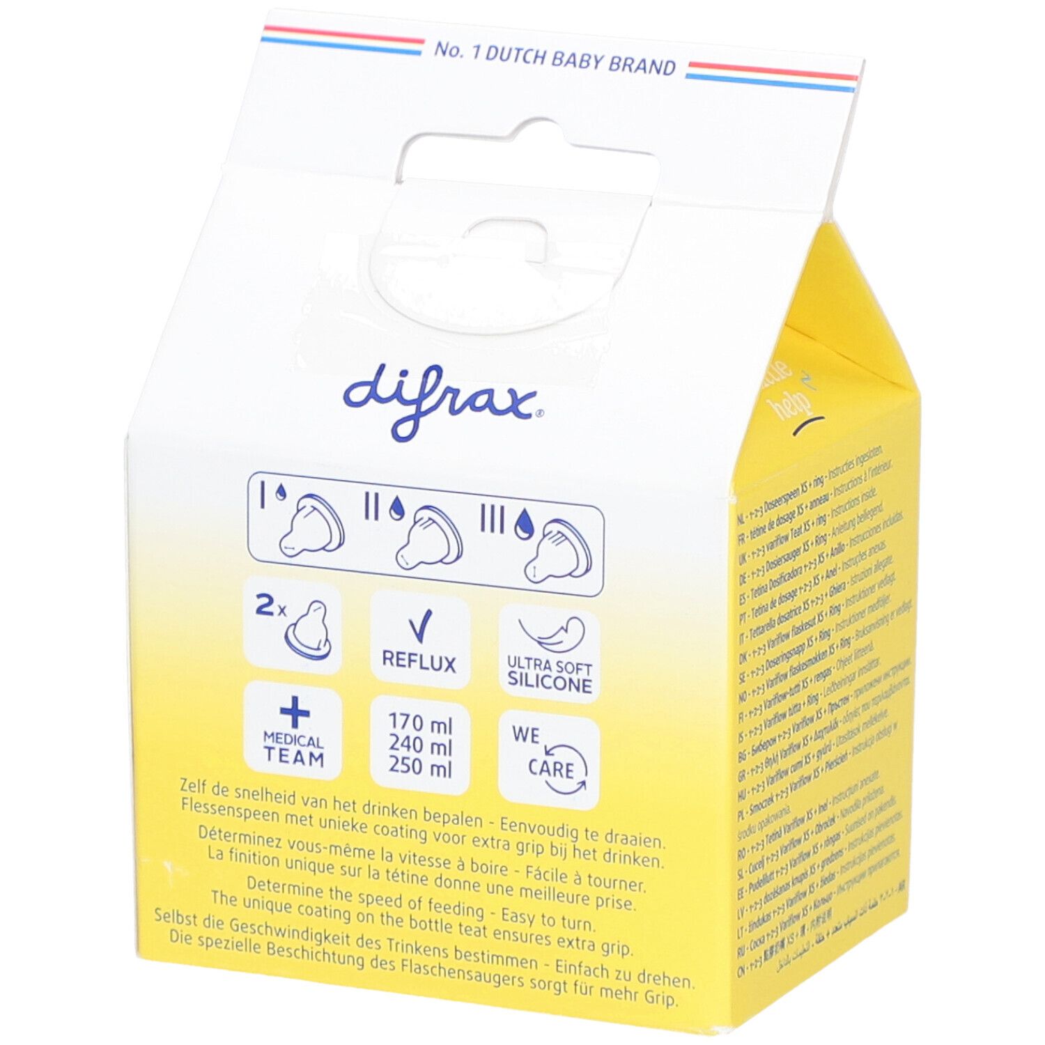 Dos de l'emballage. Marque Difrax. Graphiques reflux, silicone et dosage. Texte multilingue.