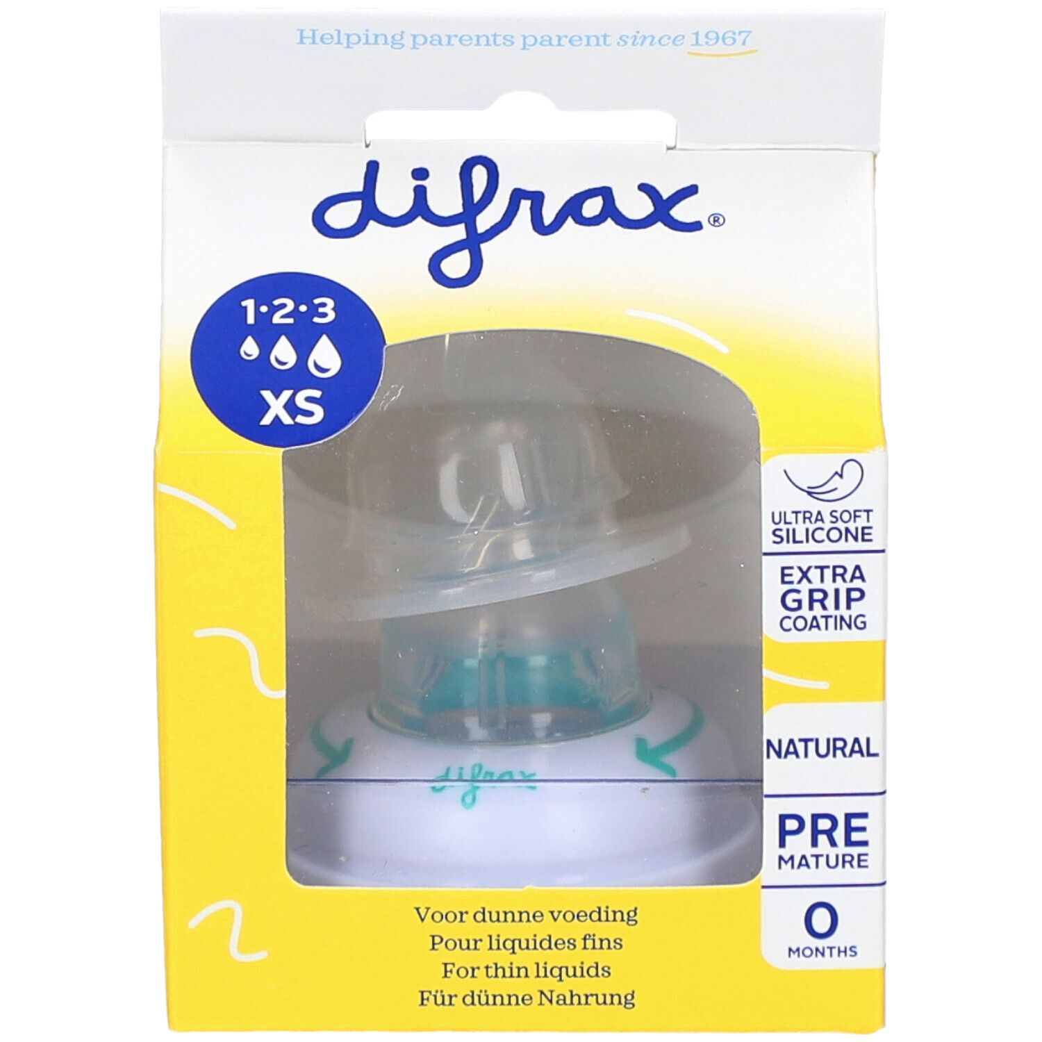 Emballage avec tétine. Marque Difrax 1-2-3 XS. Fenêtre transparente. Design jaune et blanc. Texte: Pour liquides fins.
