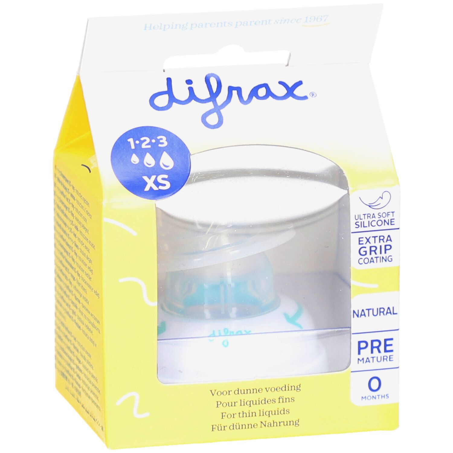 Emballage avec tétine. Marque Difrax 1-2-3 XS. Fenêtre transparente. Design jaune et blanc. Texte: Pour liquides fins.