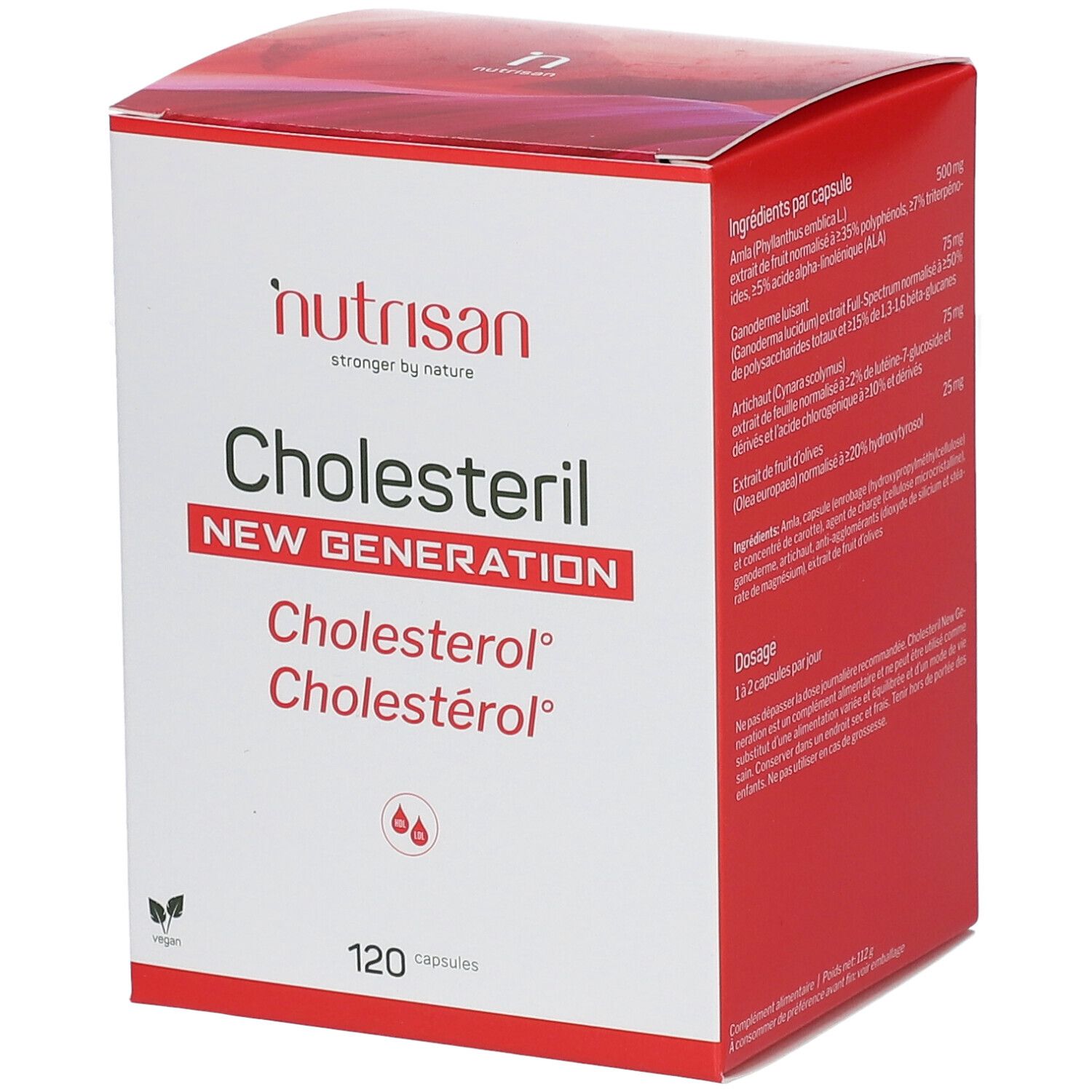 Karton mit Produktnamen Cholesteril New Generation. 120 Kapseln. Vegan-Siegel. Rote und weiße Farbgebung.