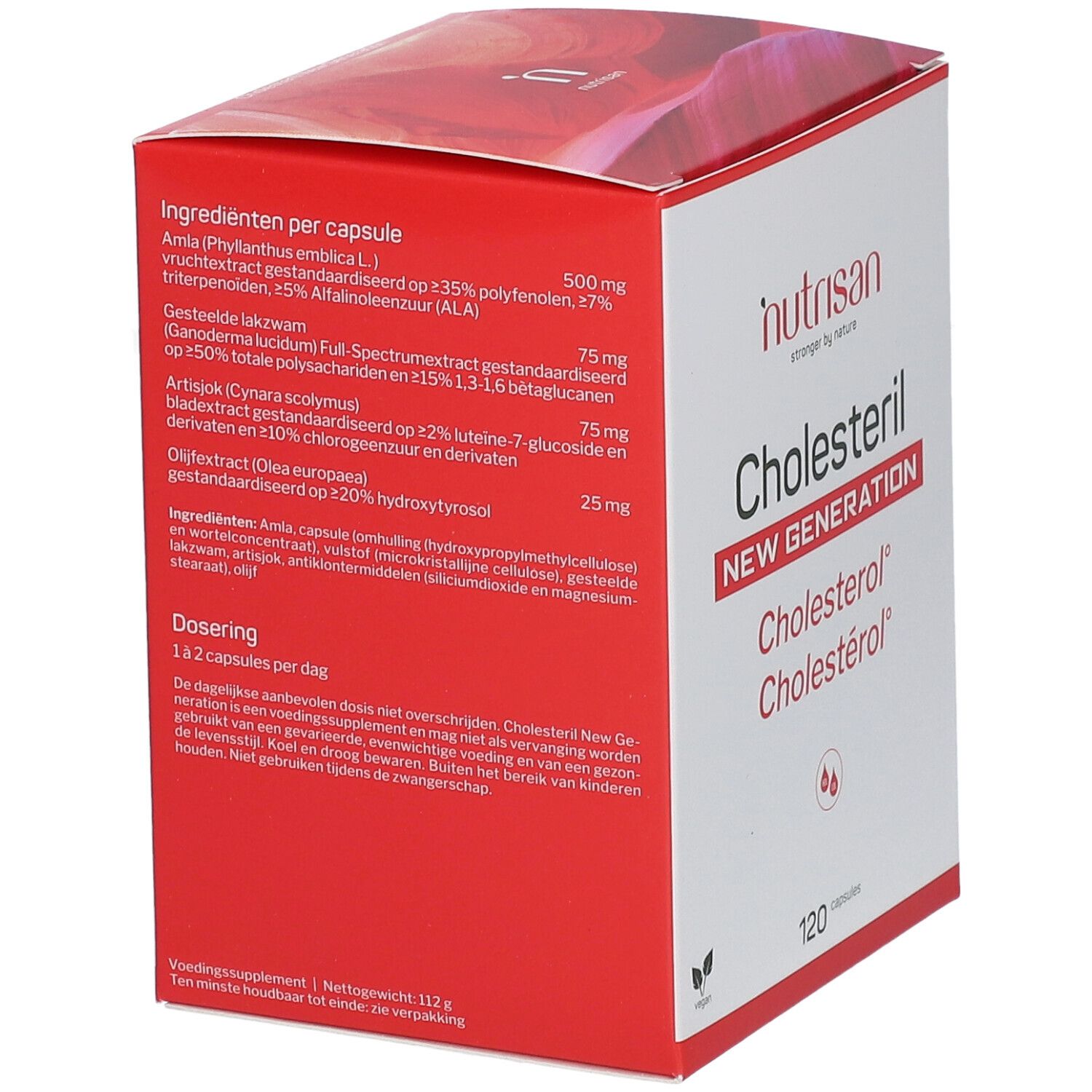 Boîte Cholesteril New Generation. Ingrédients par capsule et dosage au dos. 120 capsules.