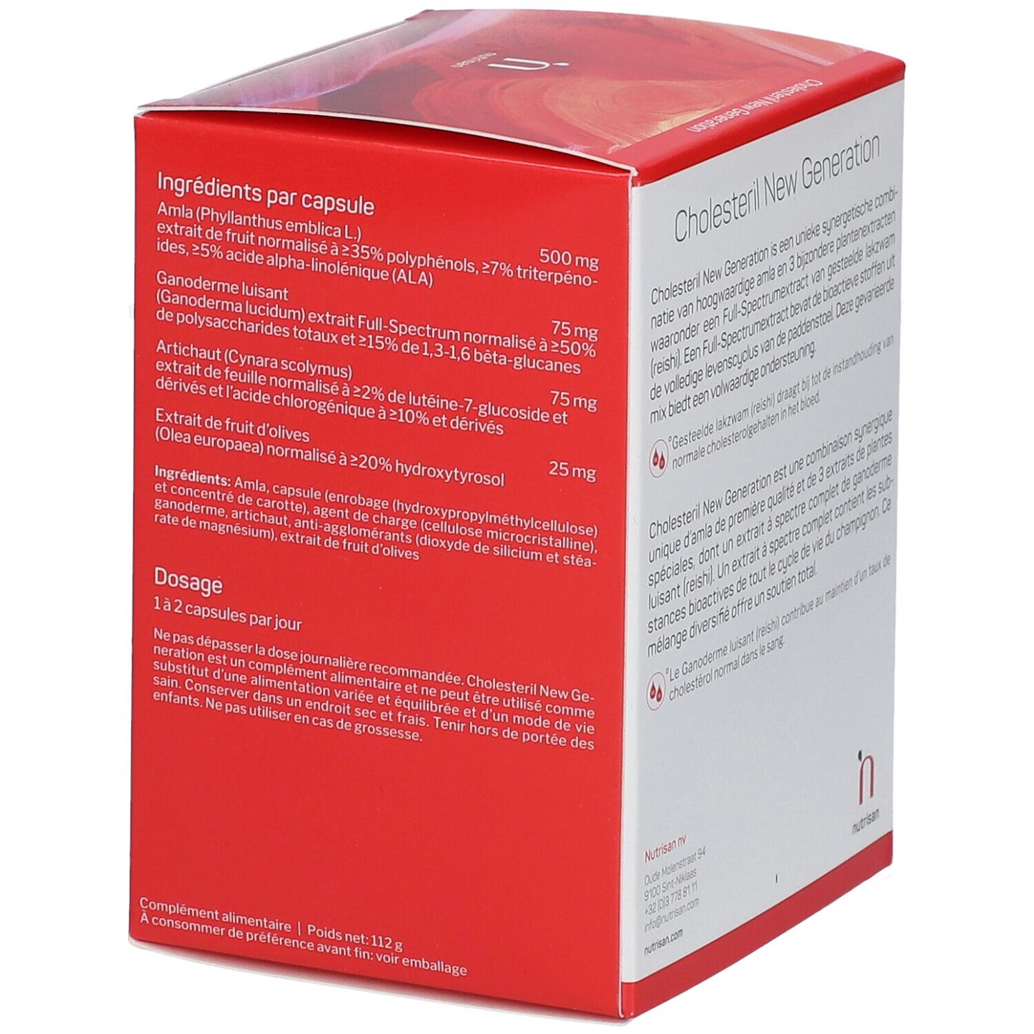 Boîte Cholesteril New Generation. Ingrédients par capsule et dosage au dos. 120 capsules.