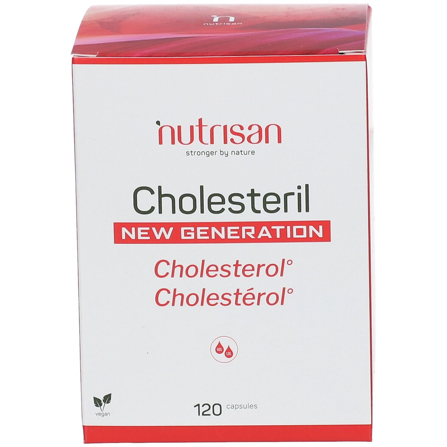 Boîte Cholesteril New Generation. Face avant avec nom et logo. 120 capsules. Logo vegan.