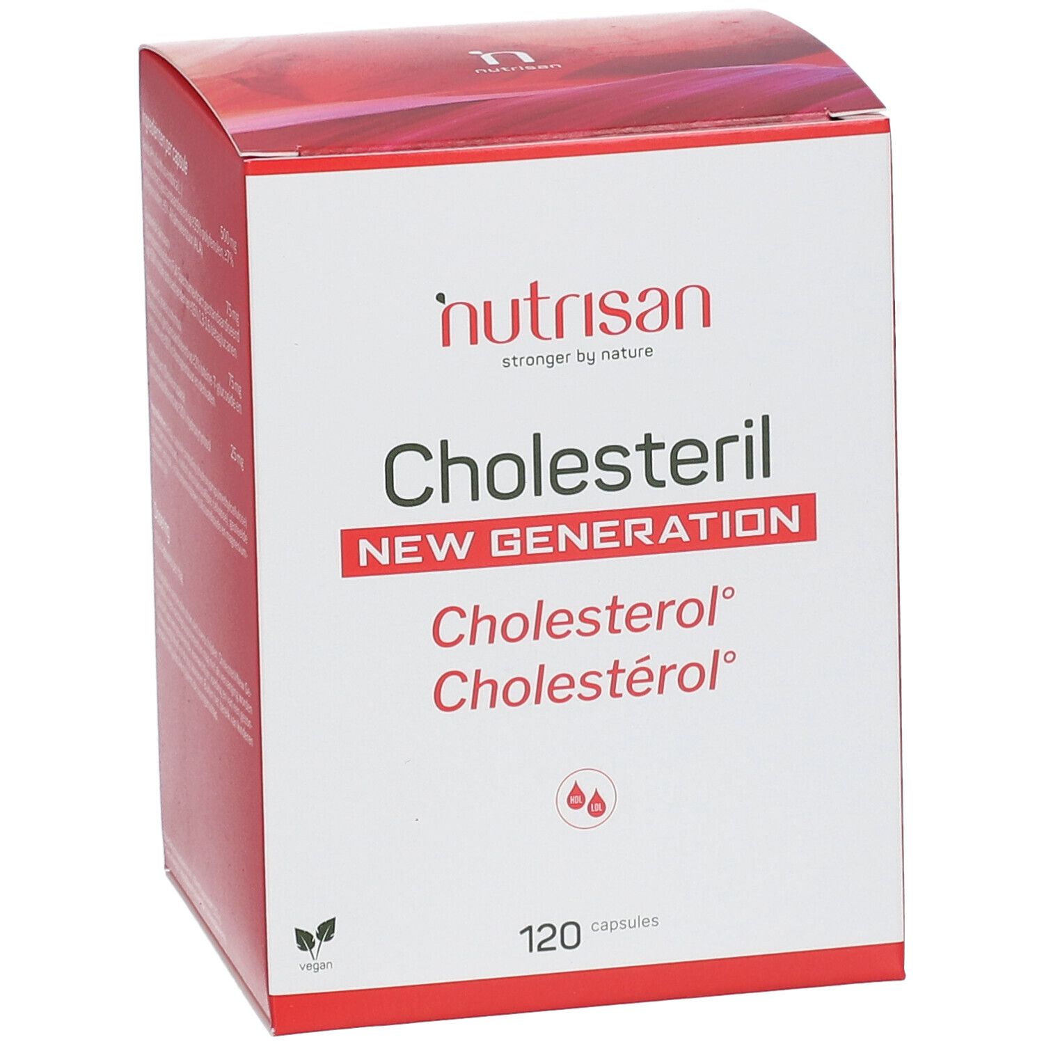 Karton Cholesteril New Generation. Vorderseite mit Produktnamen und Logo. 120 Kapseln. Vegan-Siegel.