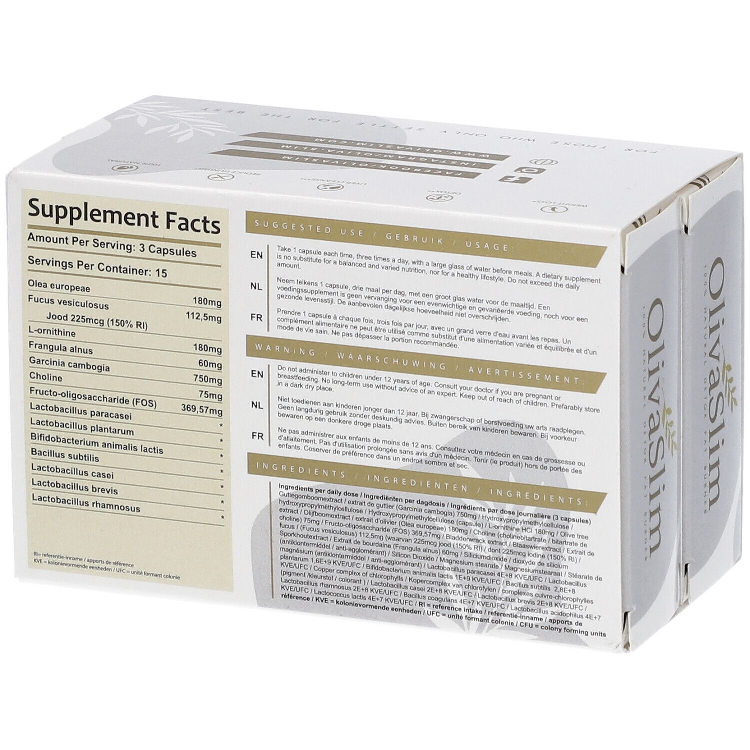 Rückseite der OlivaSlim Fat Burner Verpackung. Enthält Nährwertangaben und Inhaltsstoffe. Text in mehreren Sprachen.