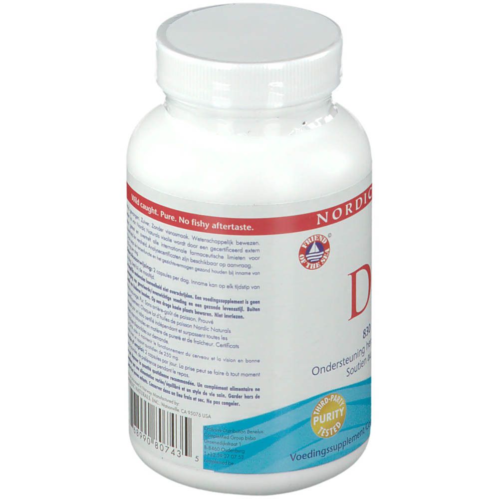 Weiße Flasche mit DHA-Kapseln. Aufschrift: NORDIC NATURALS, DHA, 690 mg Omega-3. Purity Tested. Nahrungsergänzungsmittel.
