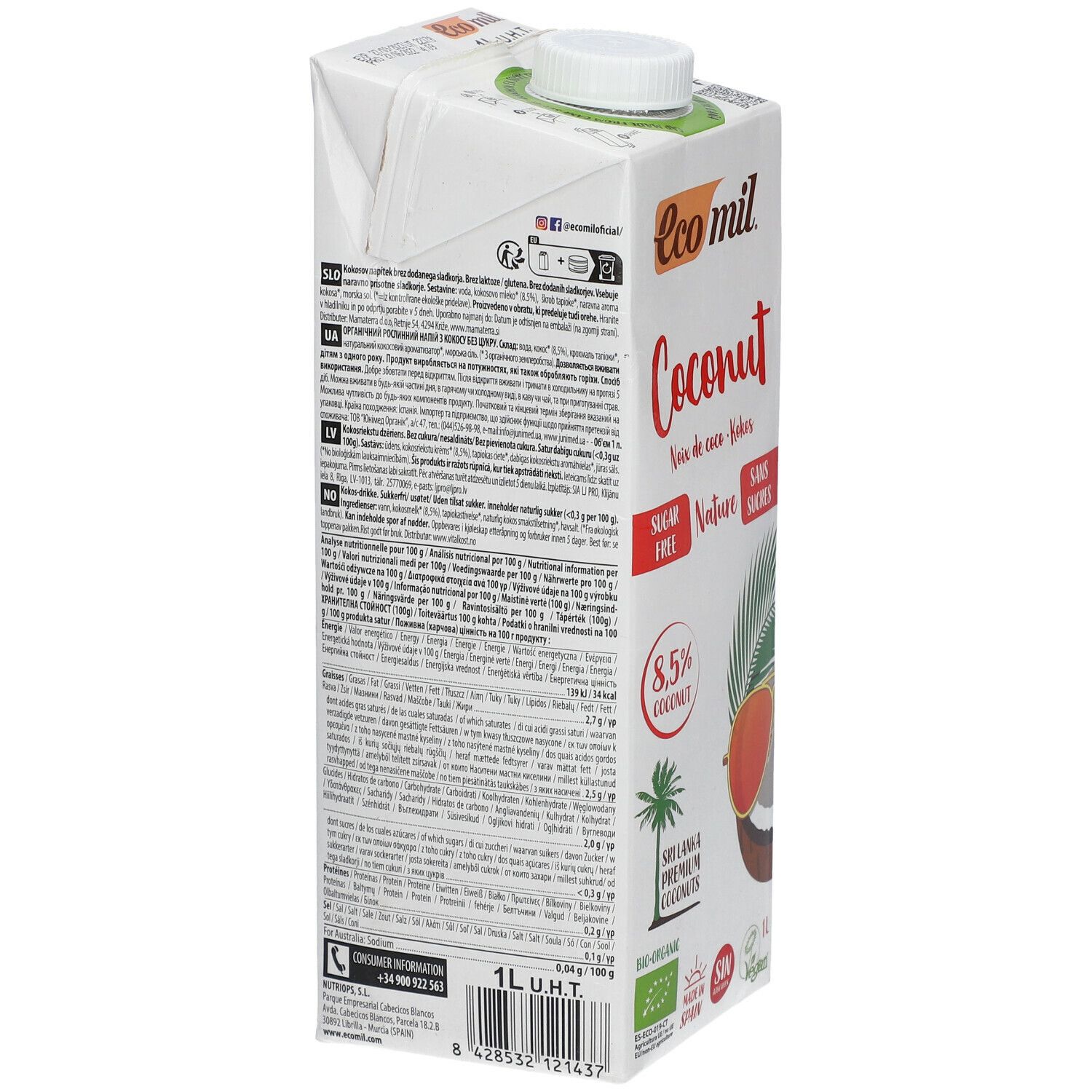 Ecomil Lait de coco sans sucres Bio 1 L