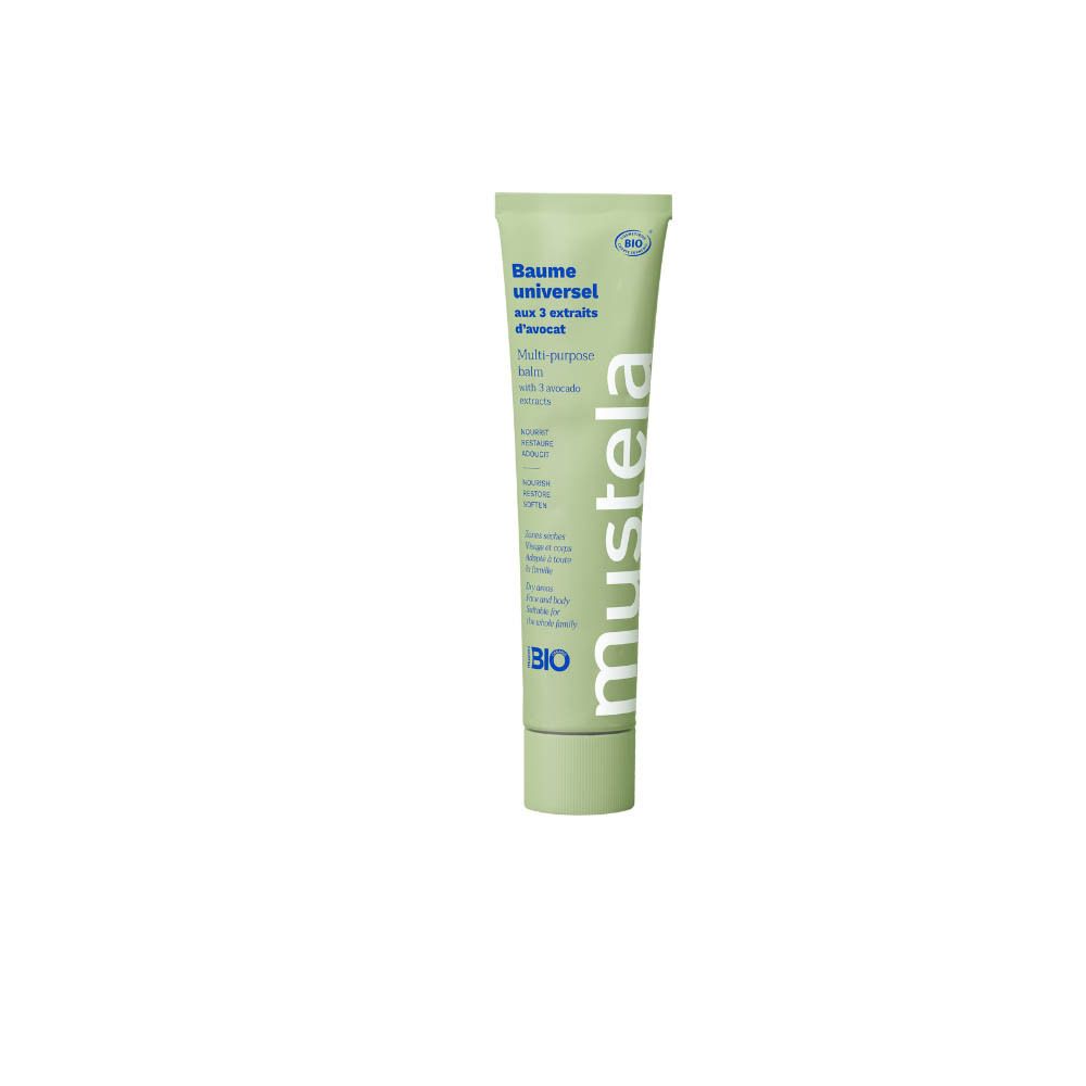 Tube vert avec texte blanc. Baume universel aux extraits d'avocat. Marque: Mustela. Certification BIO.