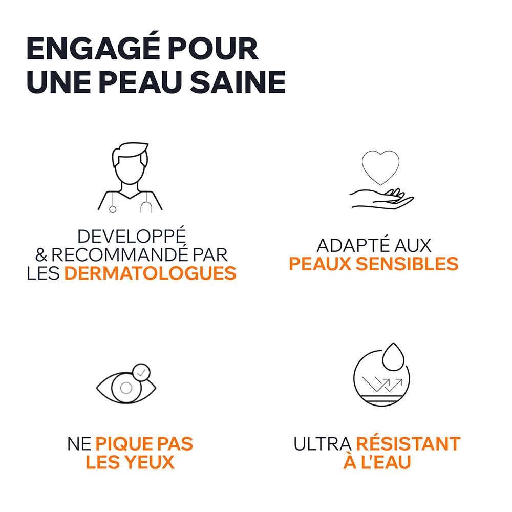 Symboles. Texte: Développé & recommandé par dermatologues, peaux sensibles, ne pique pas les yeux, résistant à l'eau.