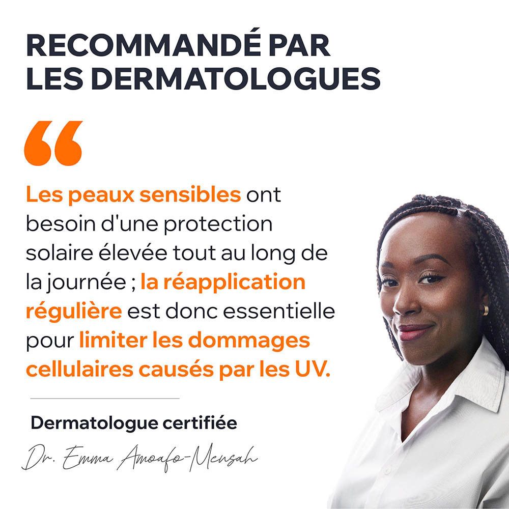 Femme avec lèvres. Texte: Dermatologue recommande. Application régulière pour protection UV.