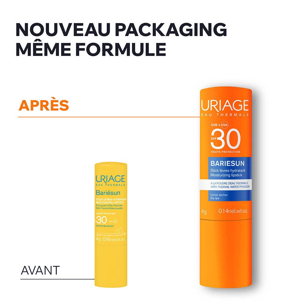 Comparaison. Avant/Après. Stick lèvres en emballage jaune et orange.