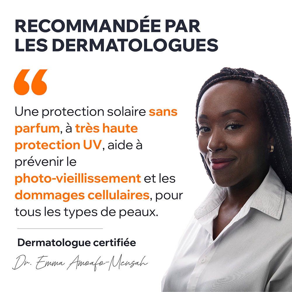 Femme. Citation. Certifié dermatologue. Protection solaire sans parfum. Tous types de peaux.